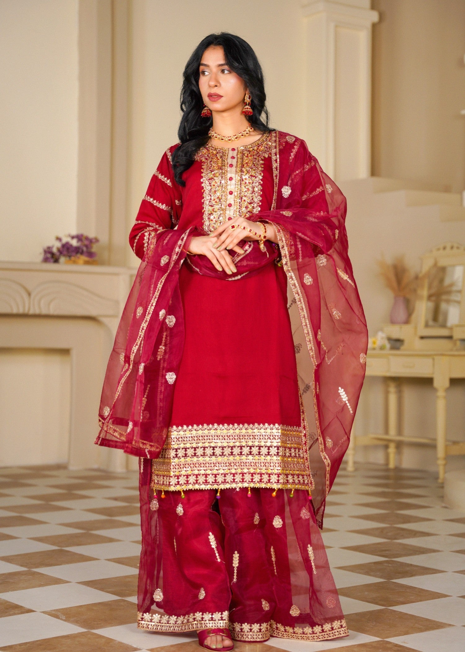 chiffon Sharara in Gold, cherry red