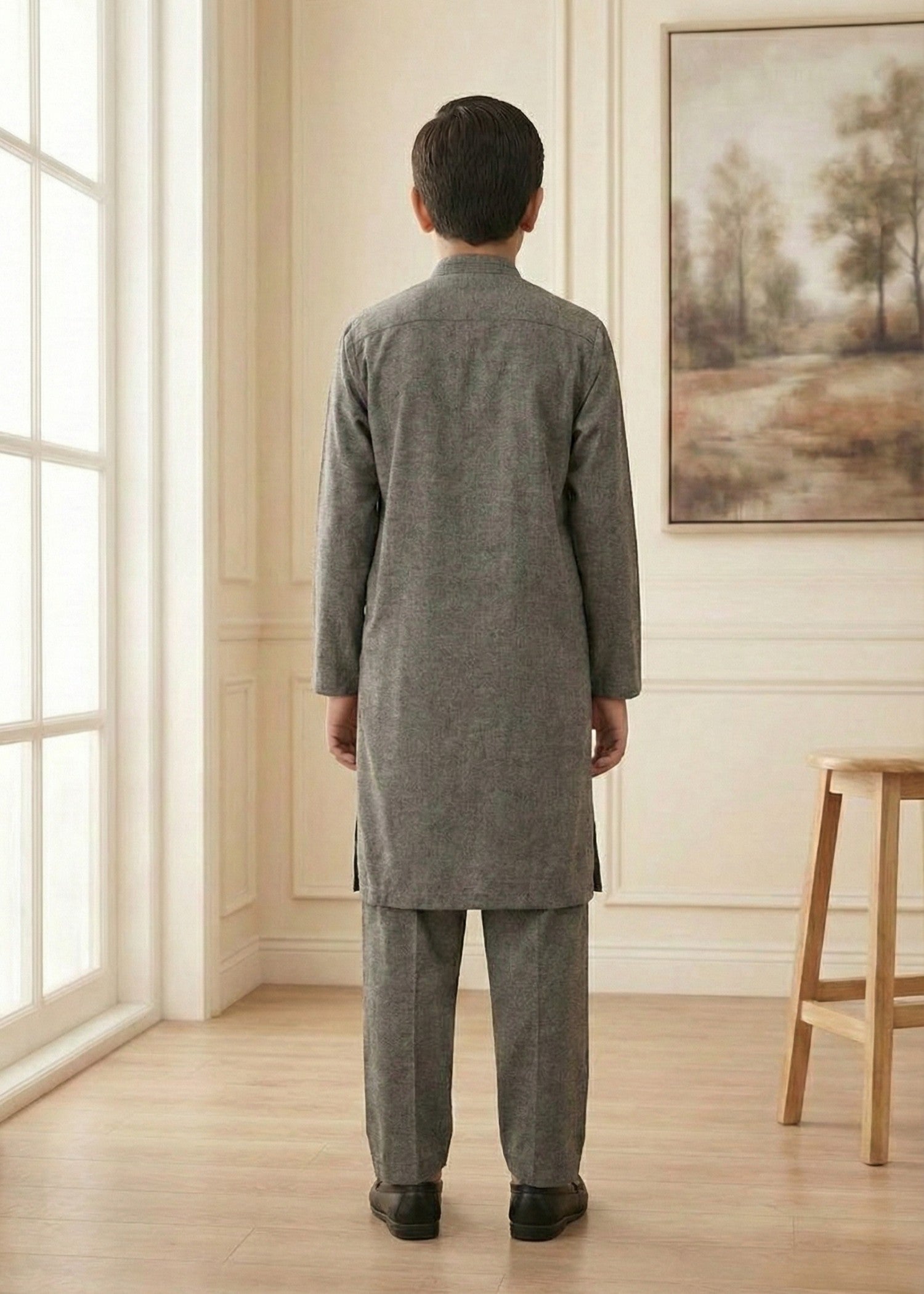 textured wash & wear Kurta Set in Grey