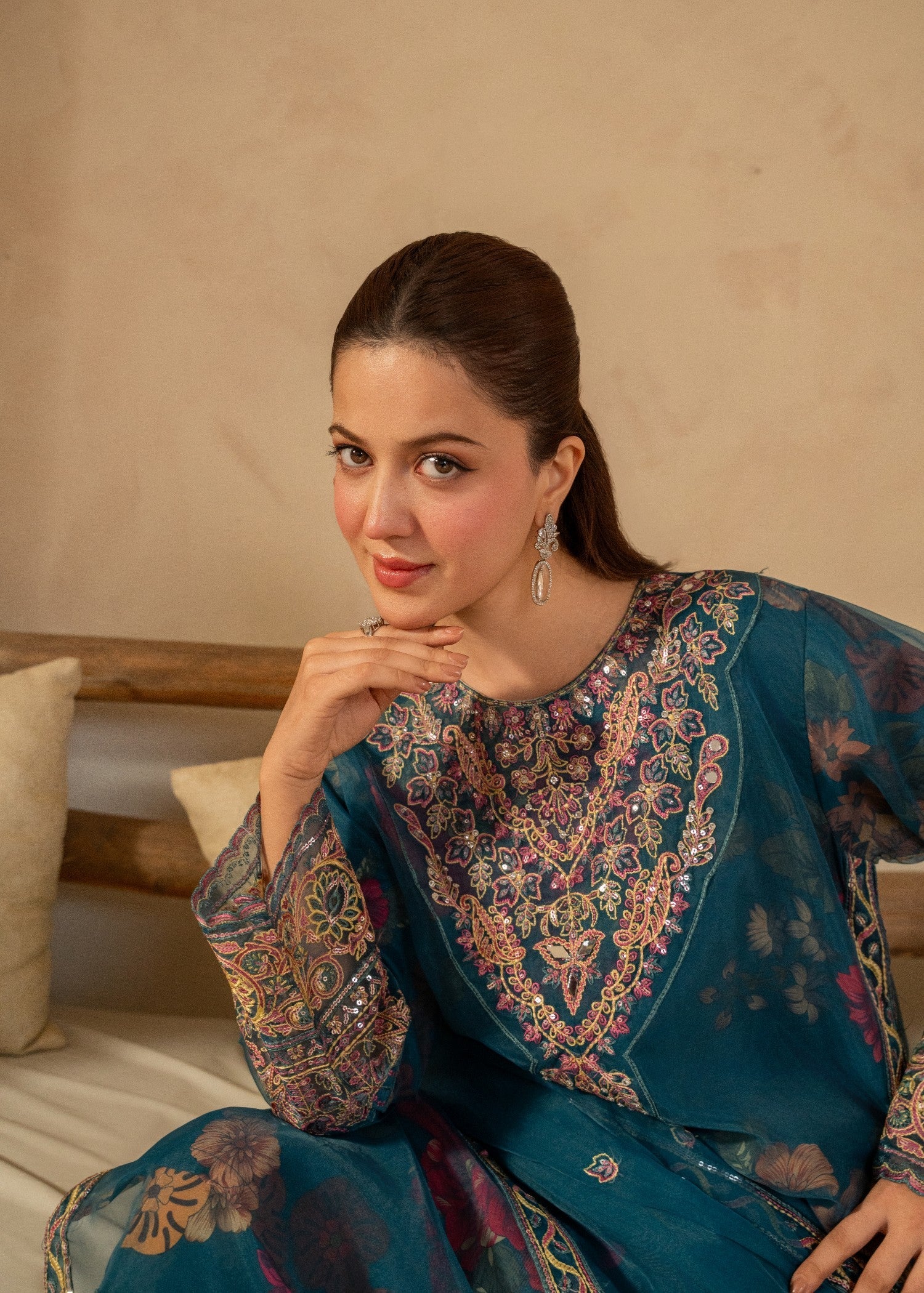 organza Kurta Set in Pine green