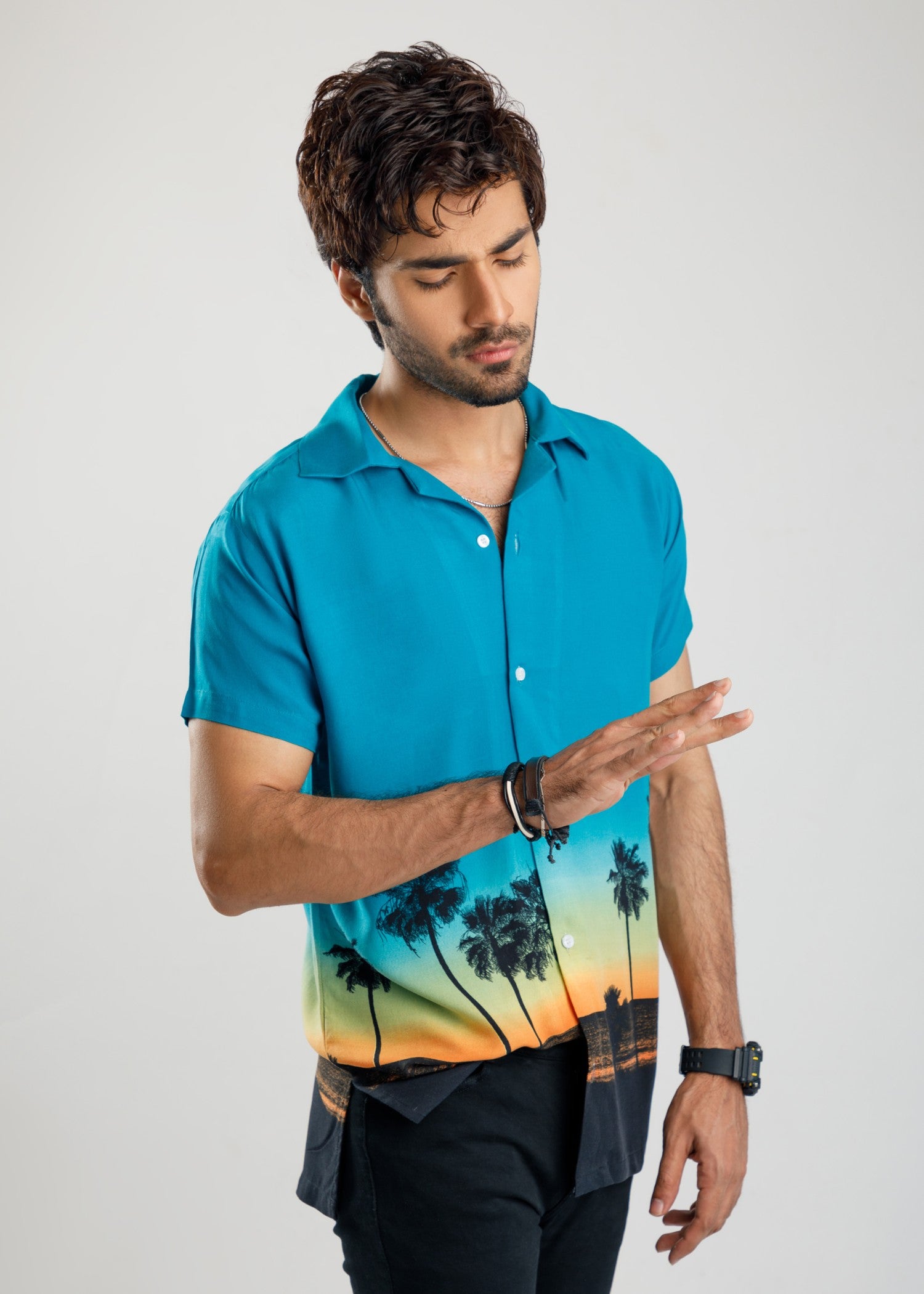 linen Casual Shirt in Black, turquoise