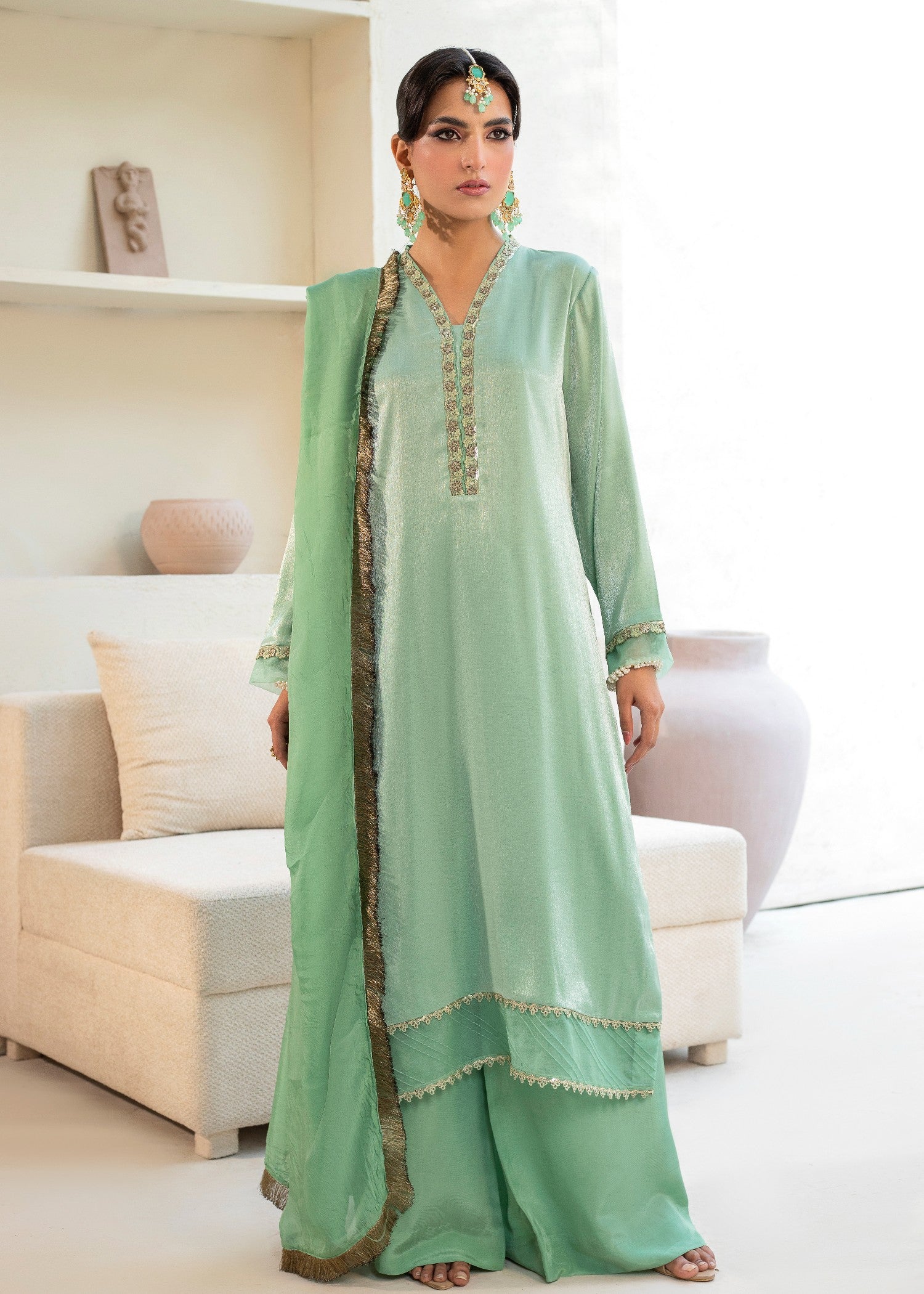 cotton silk Kurta Set in Pistachio green