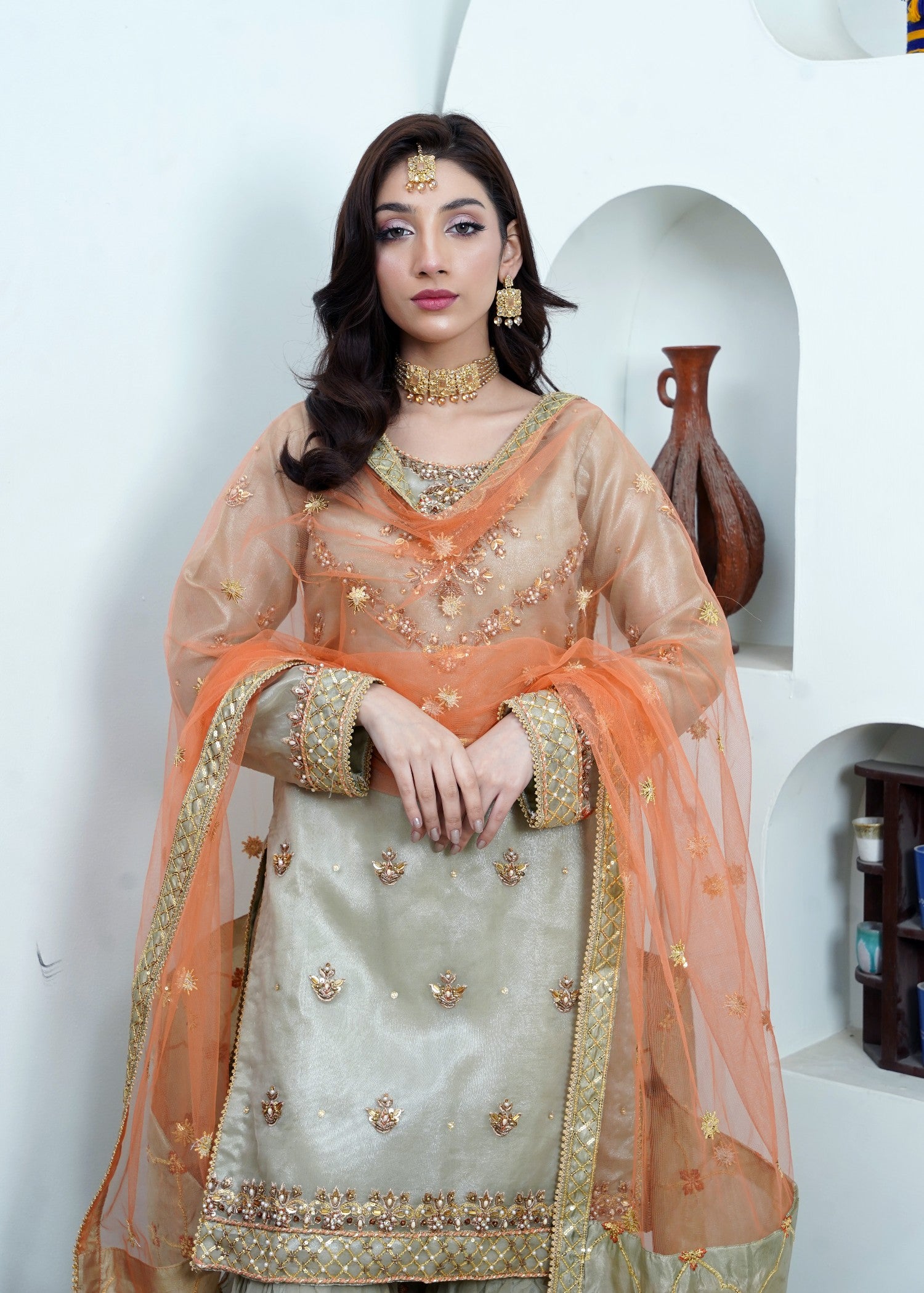 organza Gharara in Moss green