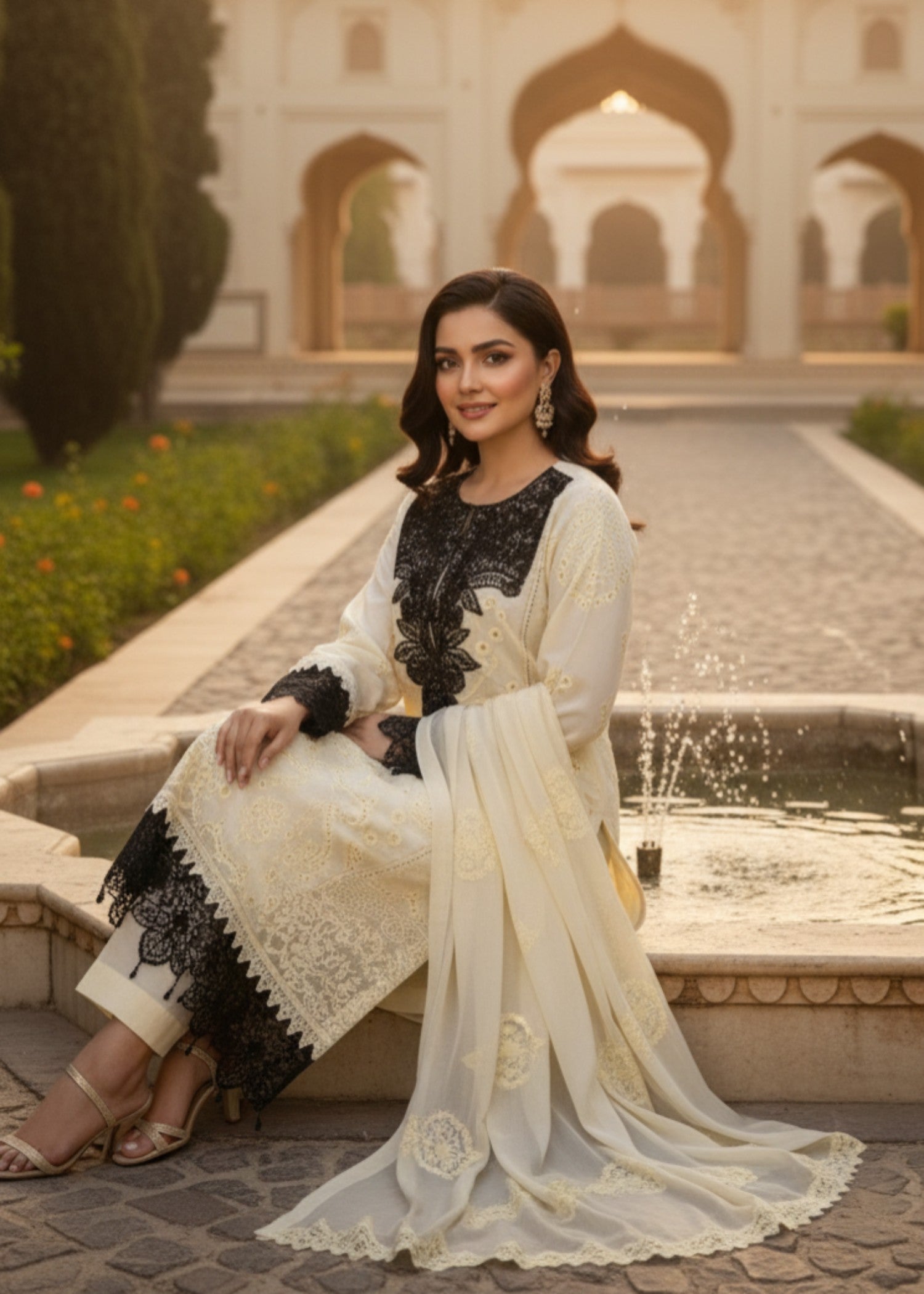 chiffon Kurta Set in Black, off-white