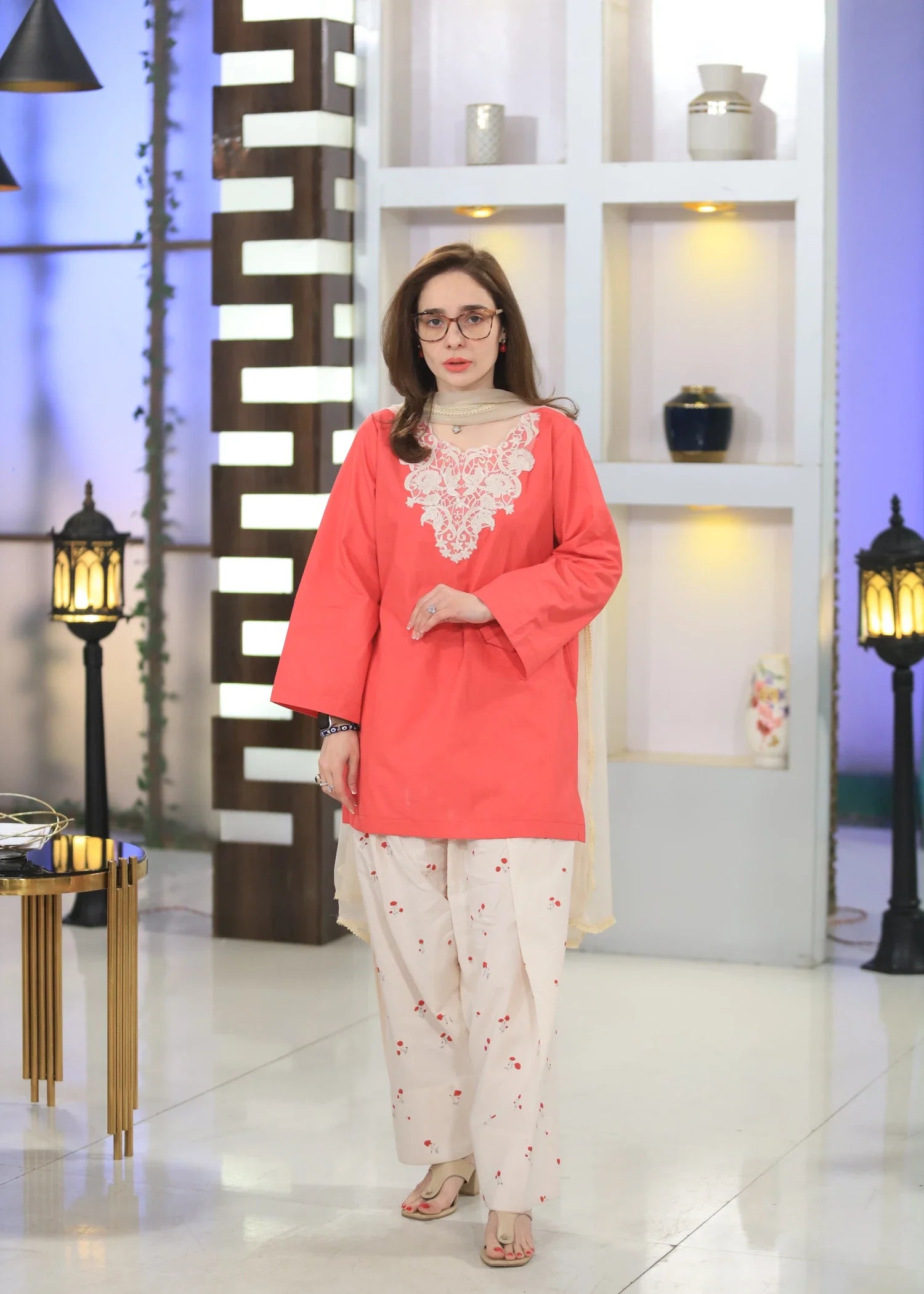 cotton Kurta Set in Coral red