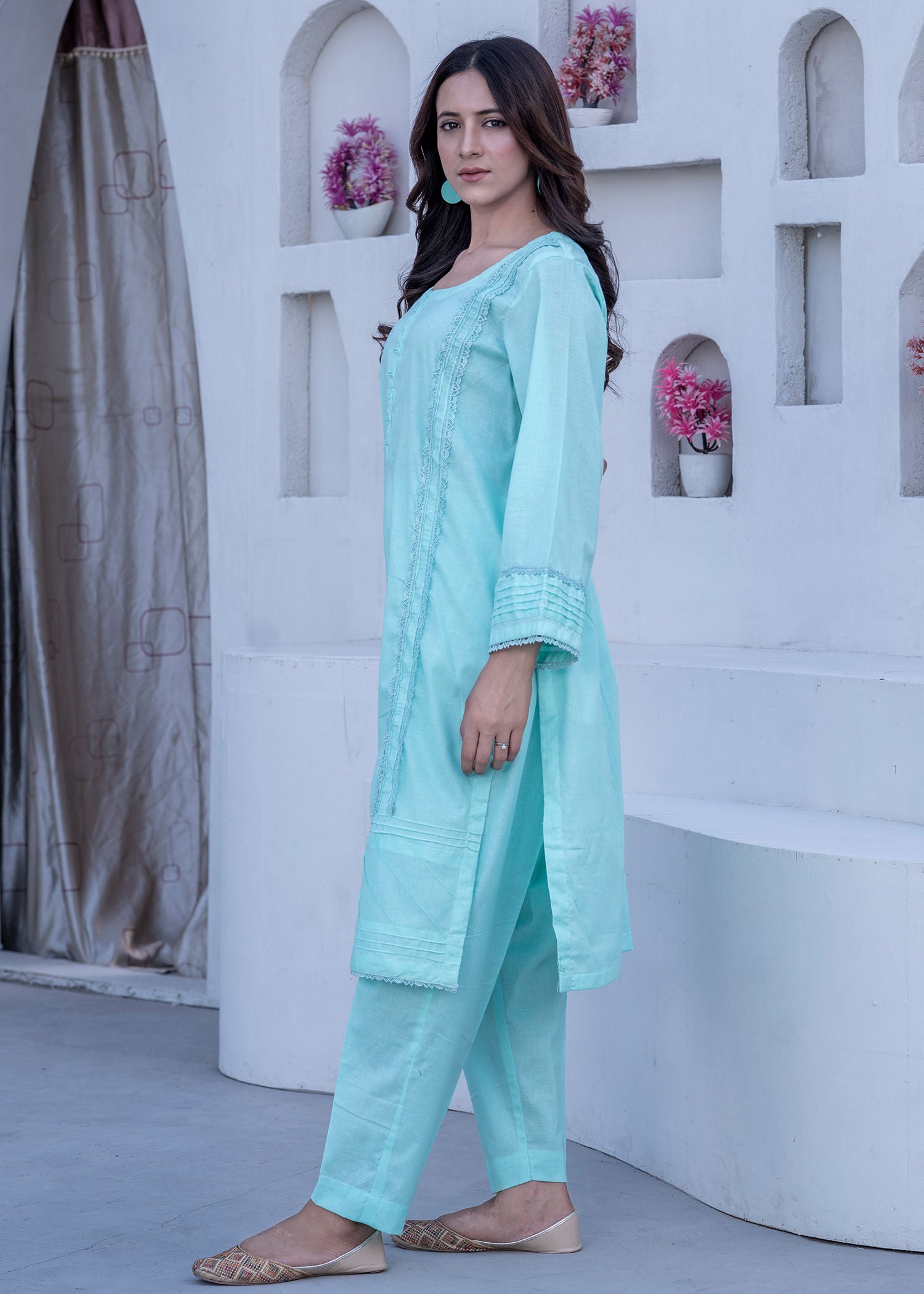 lawn Kurta Set in Dark cyan