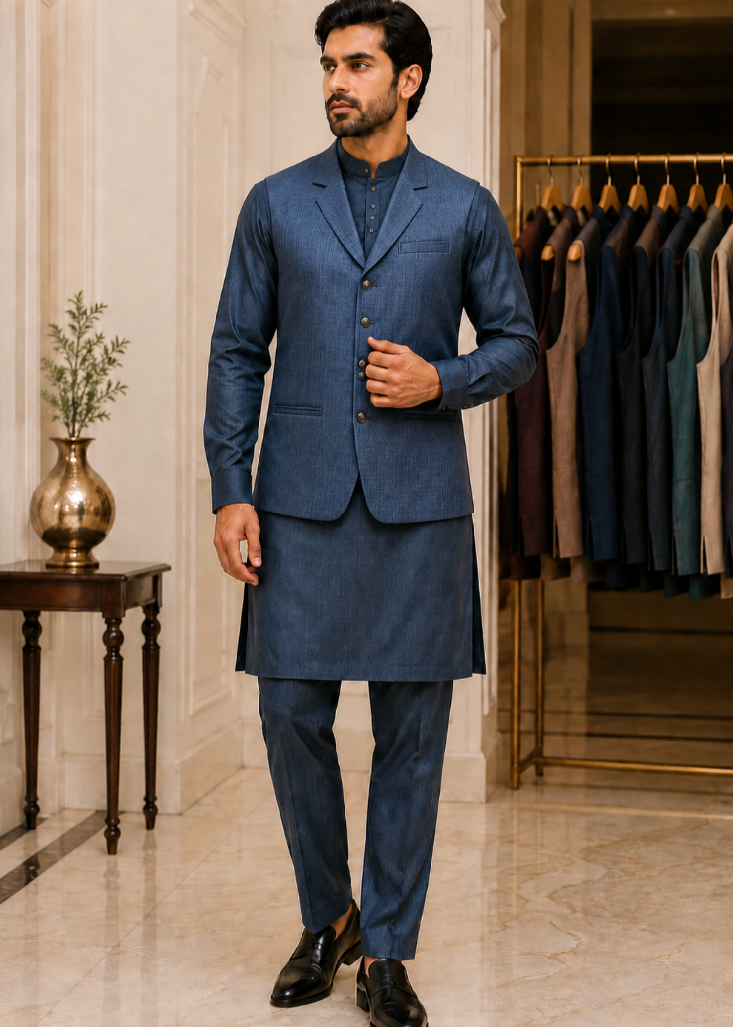 textured wash & wear Waistcoat in Midnight blue
