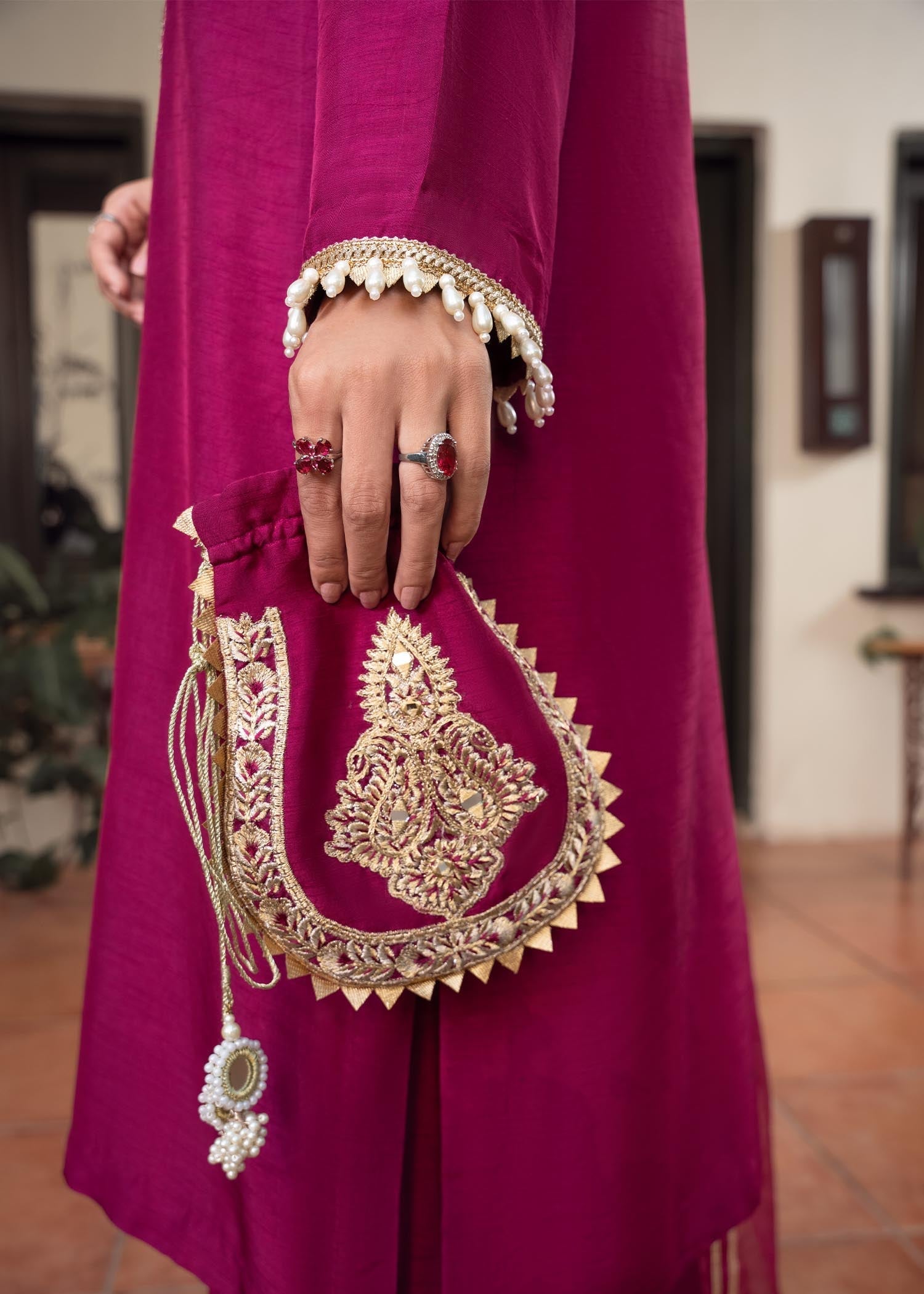 khaddi silk Kurta Set in Magenta
