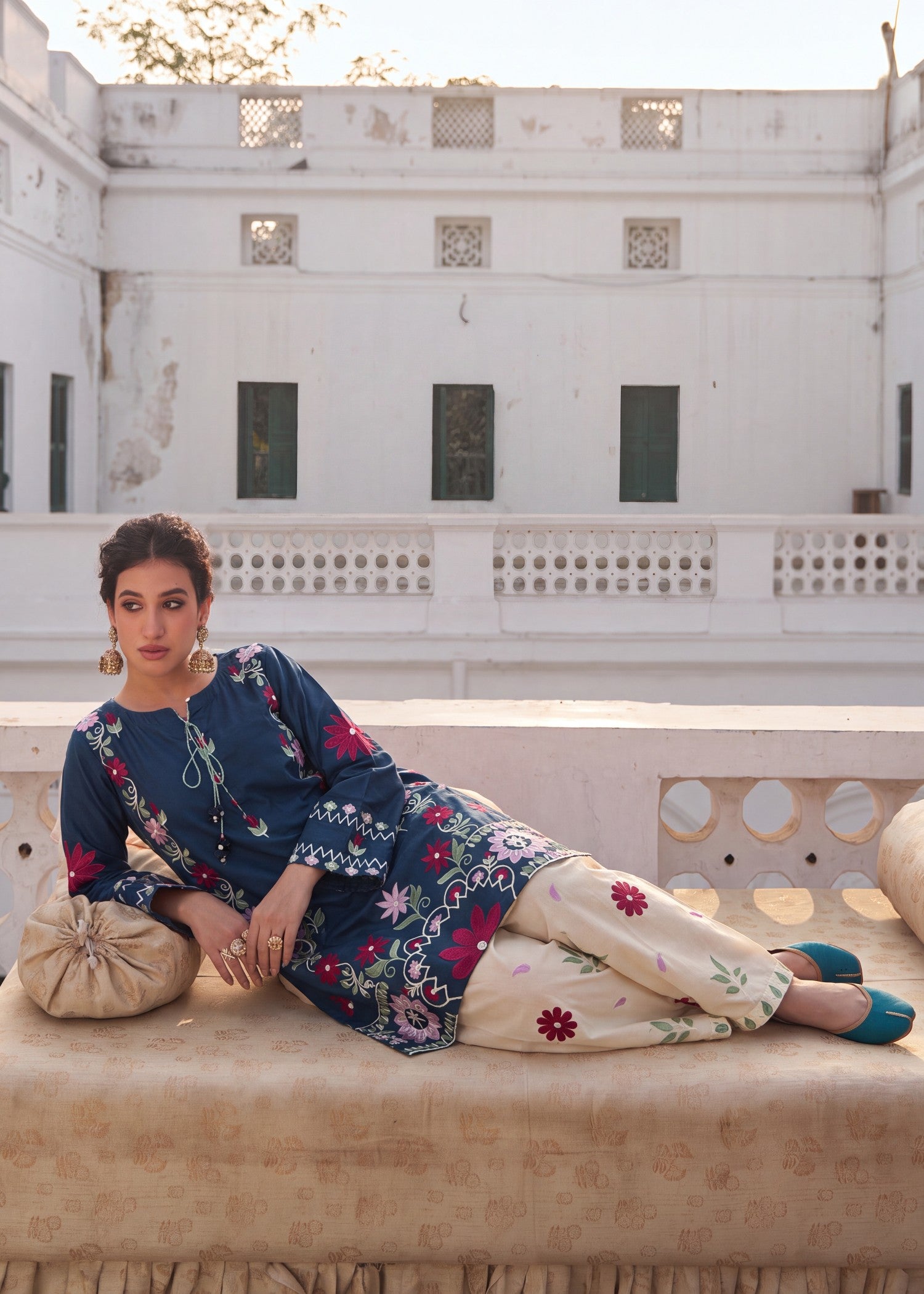lawn Kurta Set in Steel blue