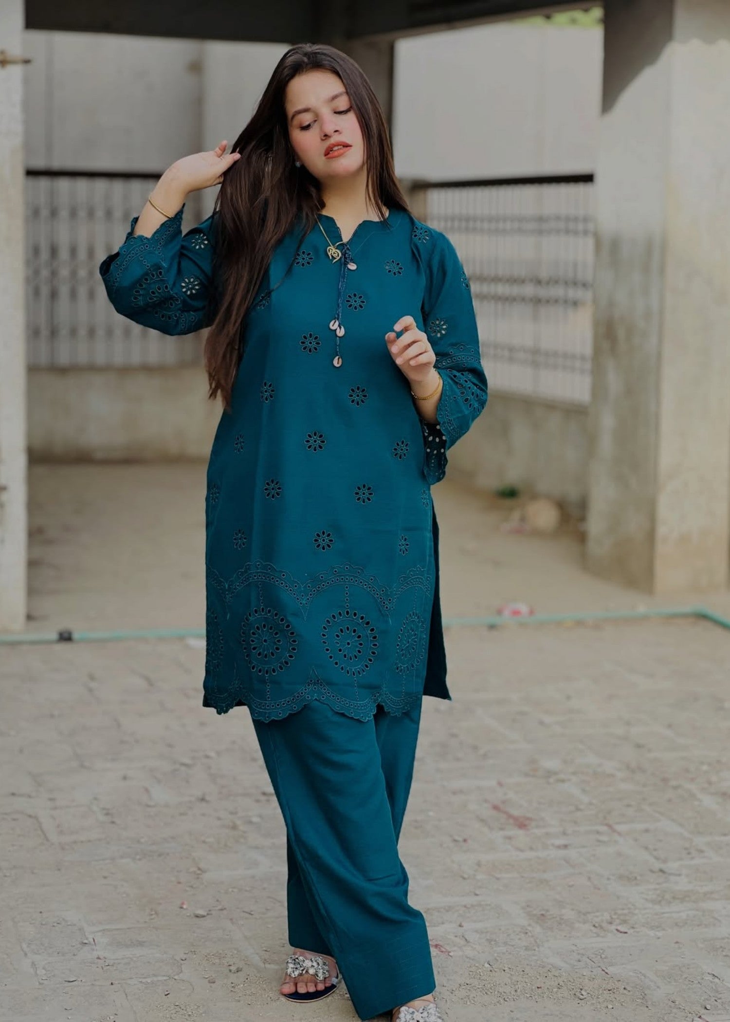 linen chambray Kurta Set in Dark cyan