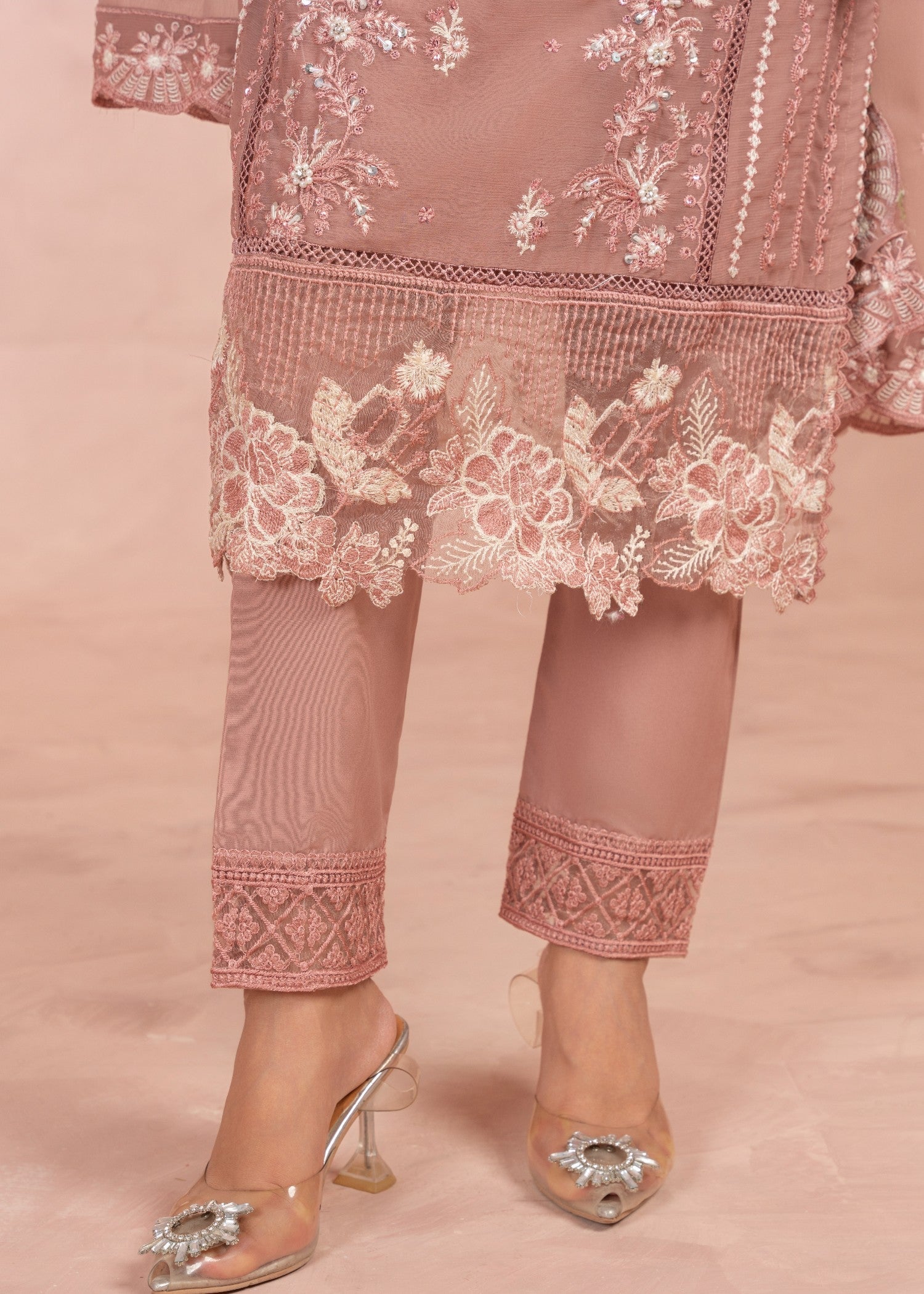 chiffon Kurta Set in Indian pink