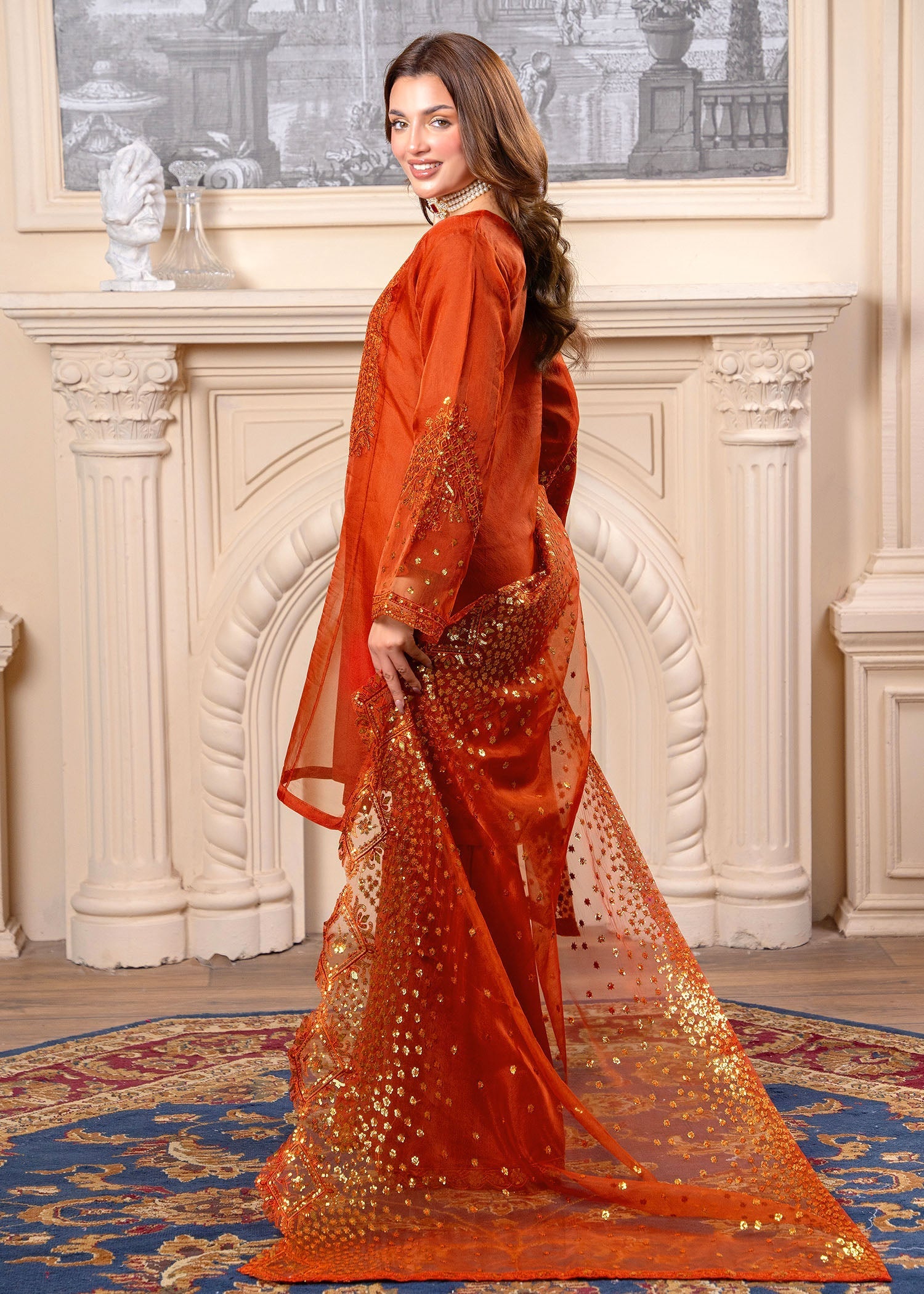 organza Gharara in Rust orange