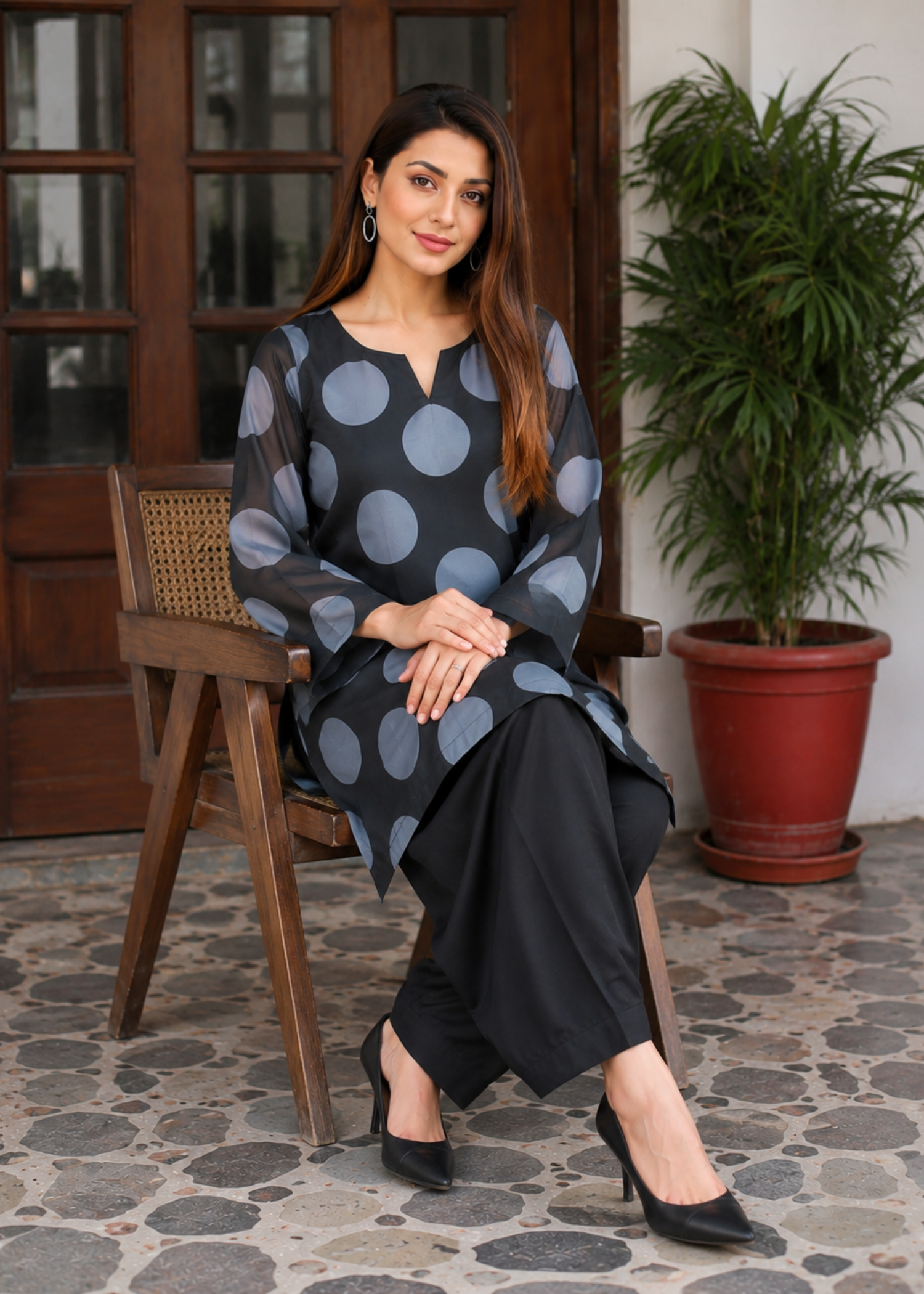 chiffon Kurta Set in Black, slate black
