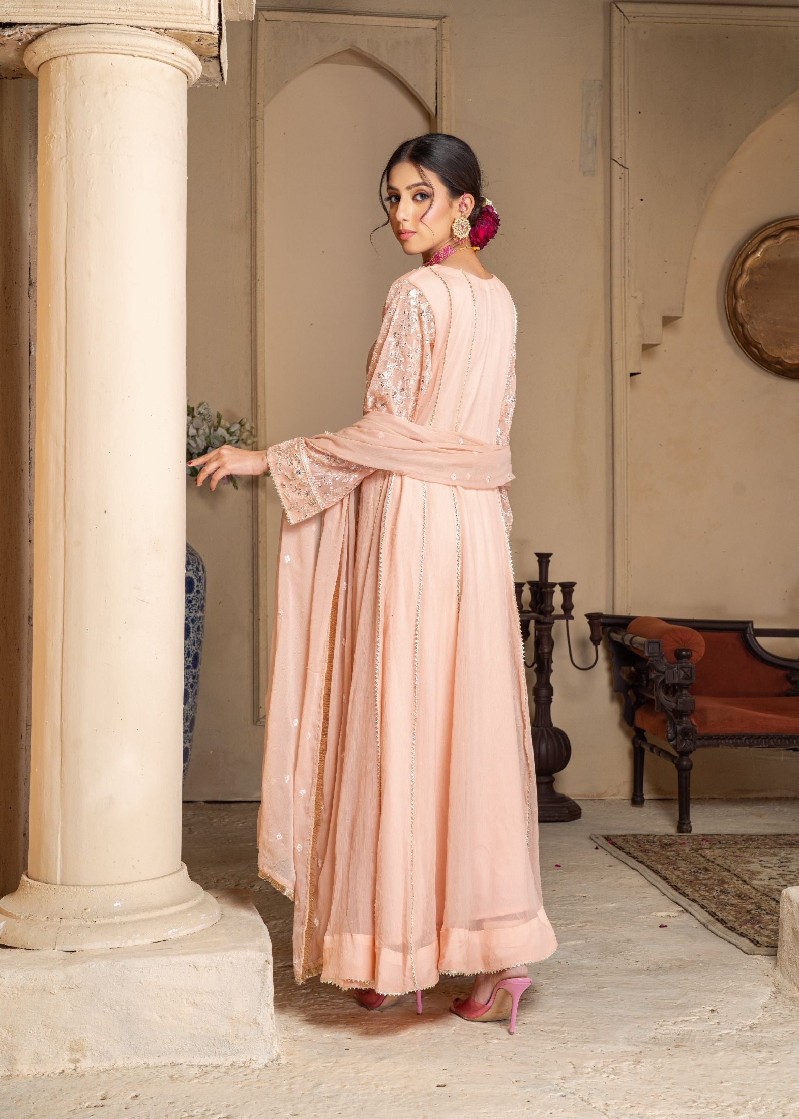 chiffon Anarkali in Peach pink