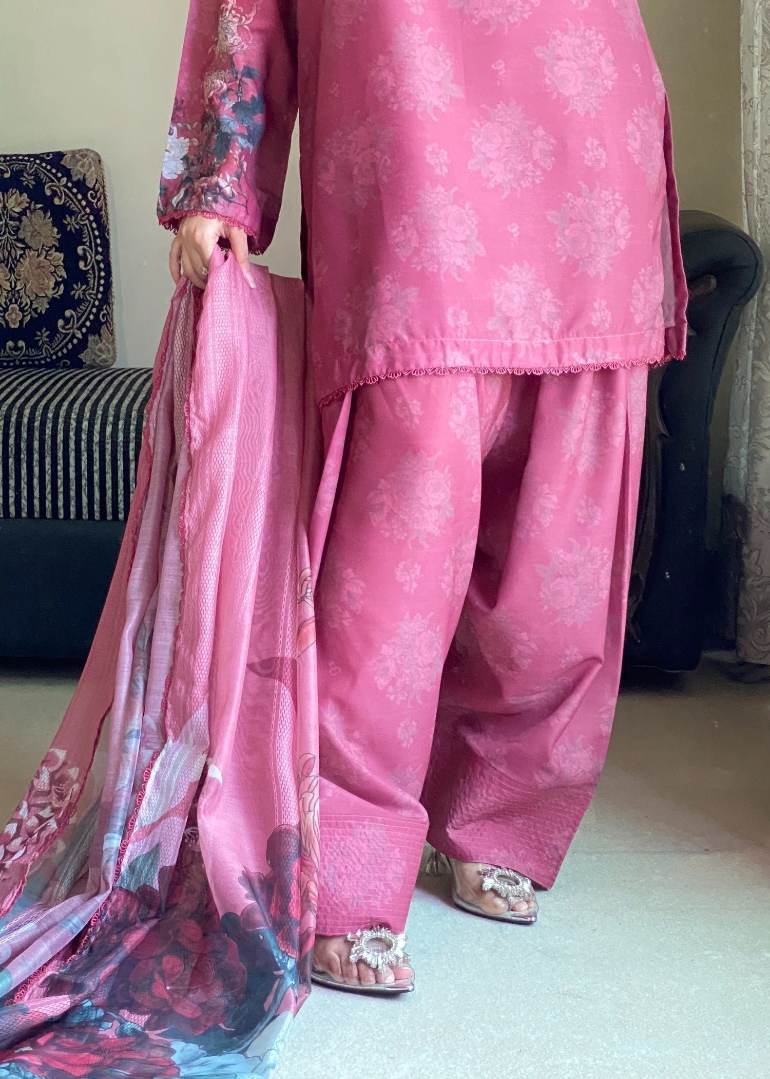 silk finish lawn Kurta Set in Magenta haze