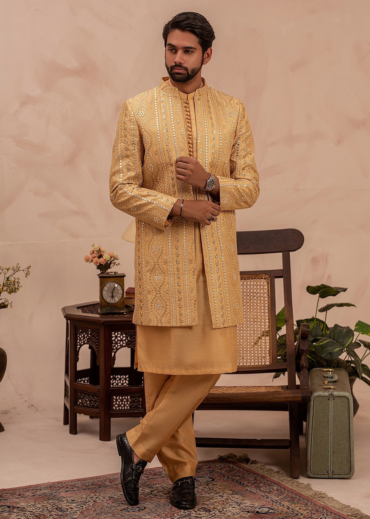 raw silk Sherwani in Gold