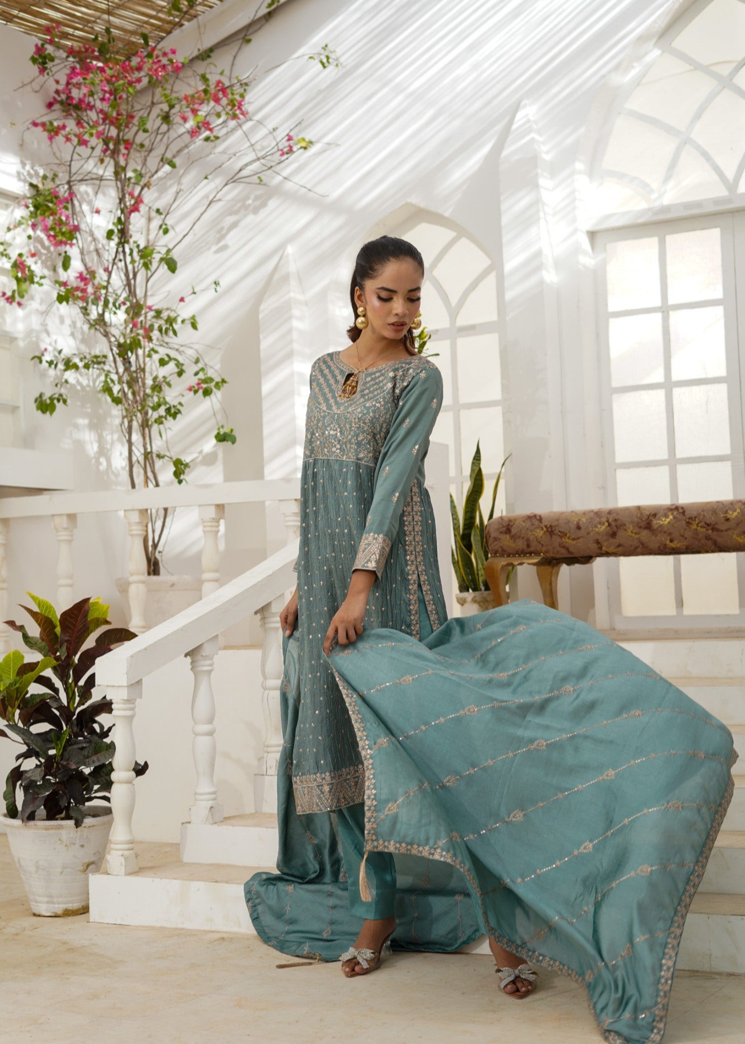 raw silk Kurta Set in Moss green