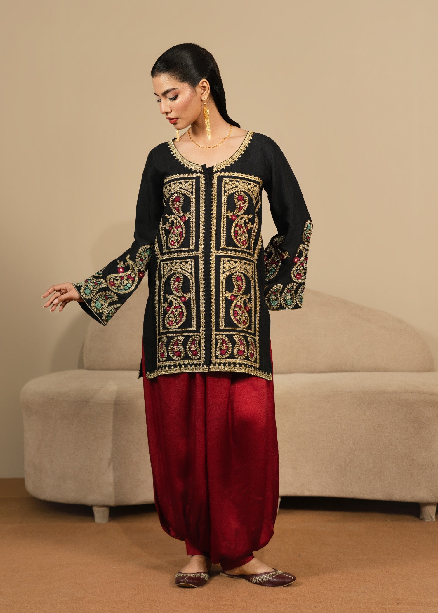 silk Kurta Set in Black, maroon