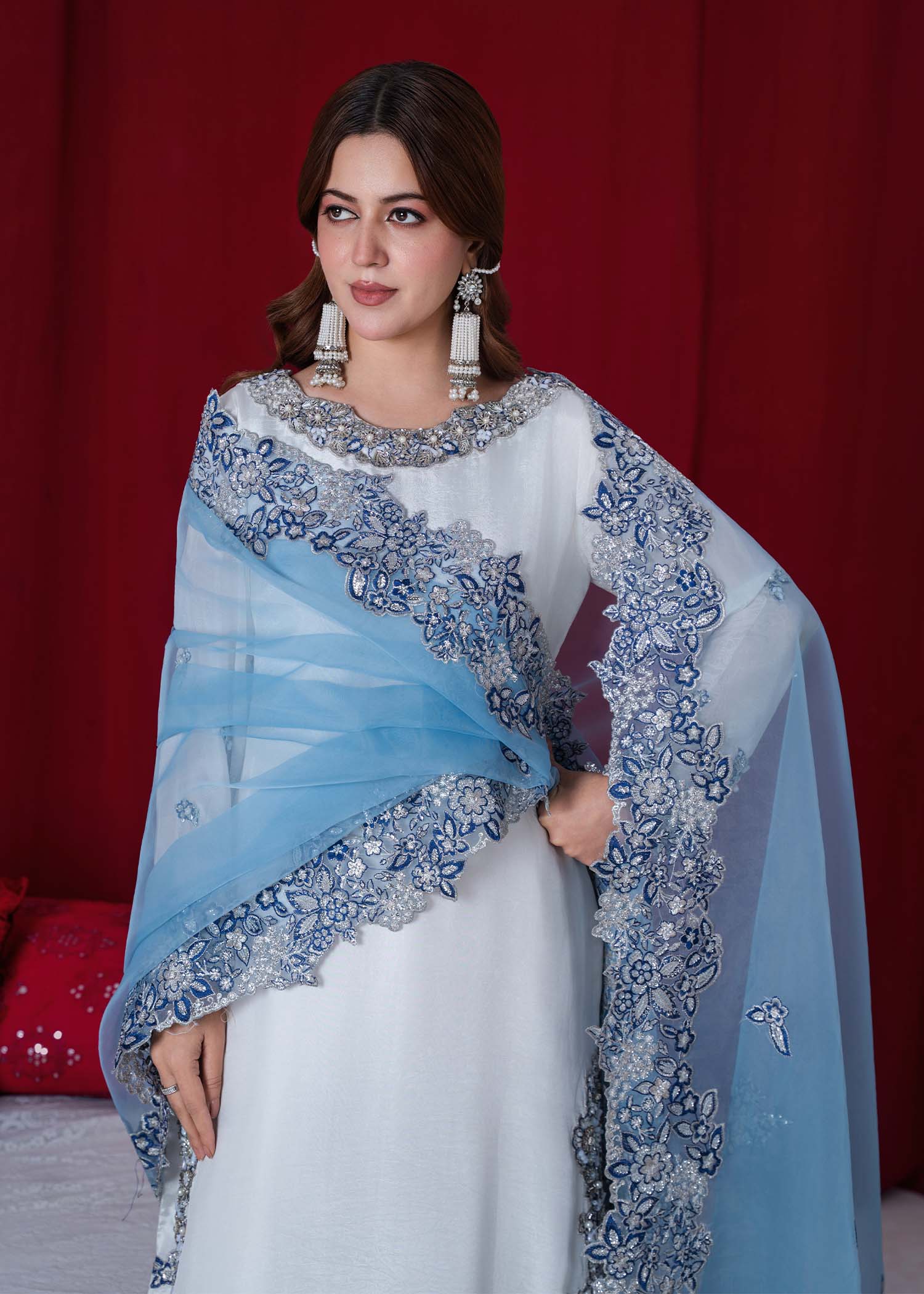 tissue silk Kurta Set in White, sky blue