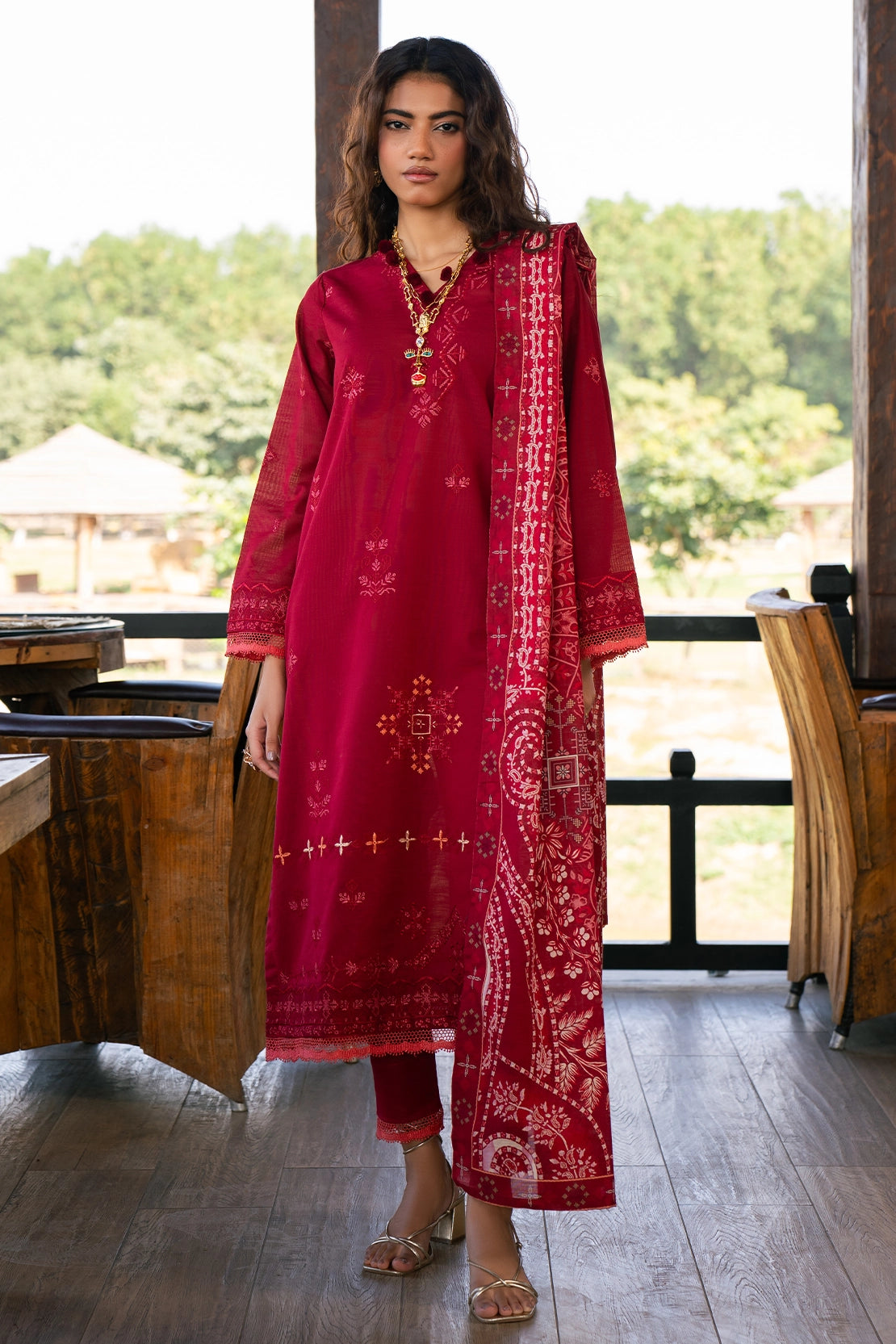 twill khaddar Unstitched in Red