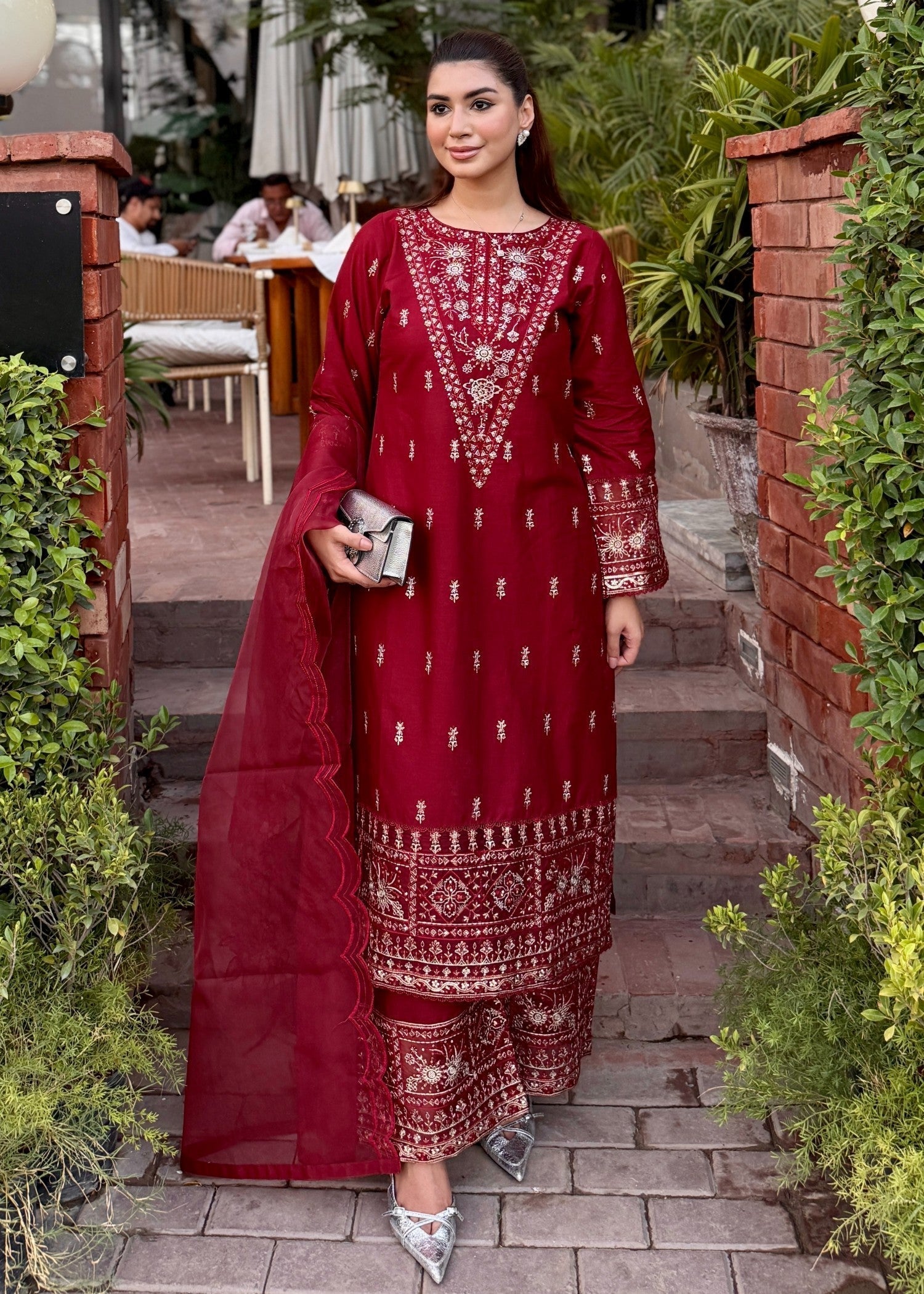 lawn Kurta Set in Carmine