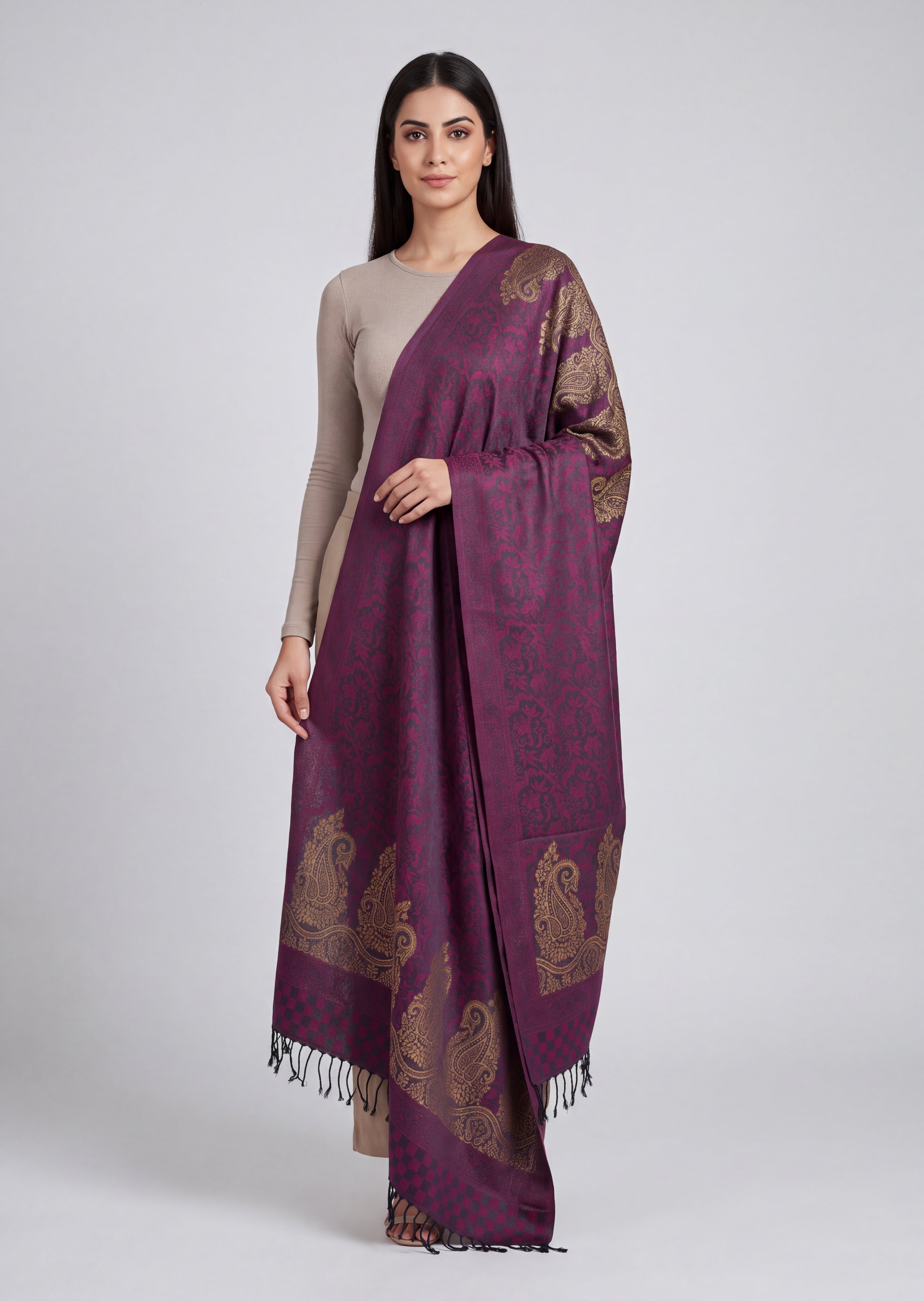 Shawl in Mari gold, plum Color by - Trendy Women Shawl UHL3313