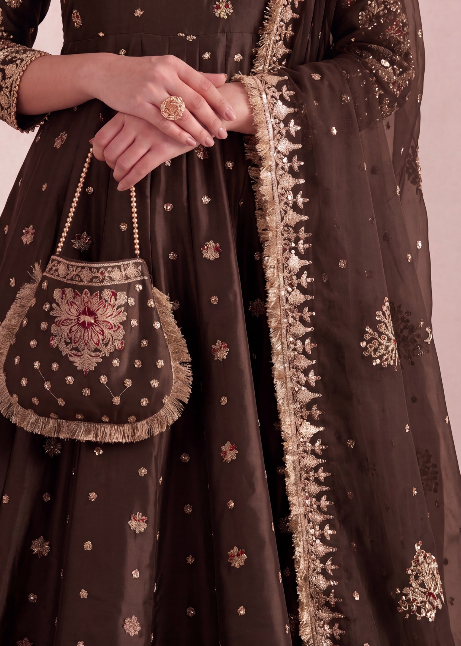 silk Pishwas in Mocha brown