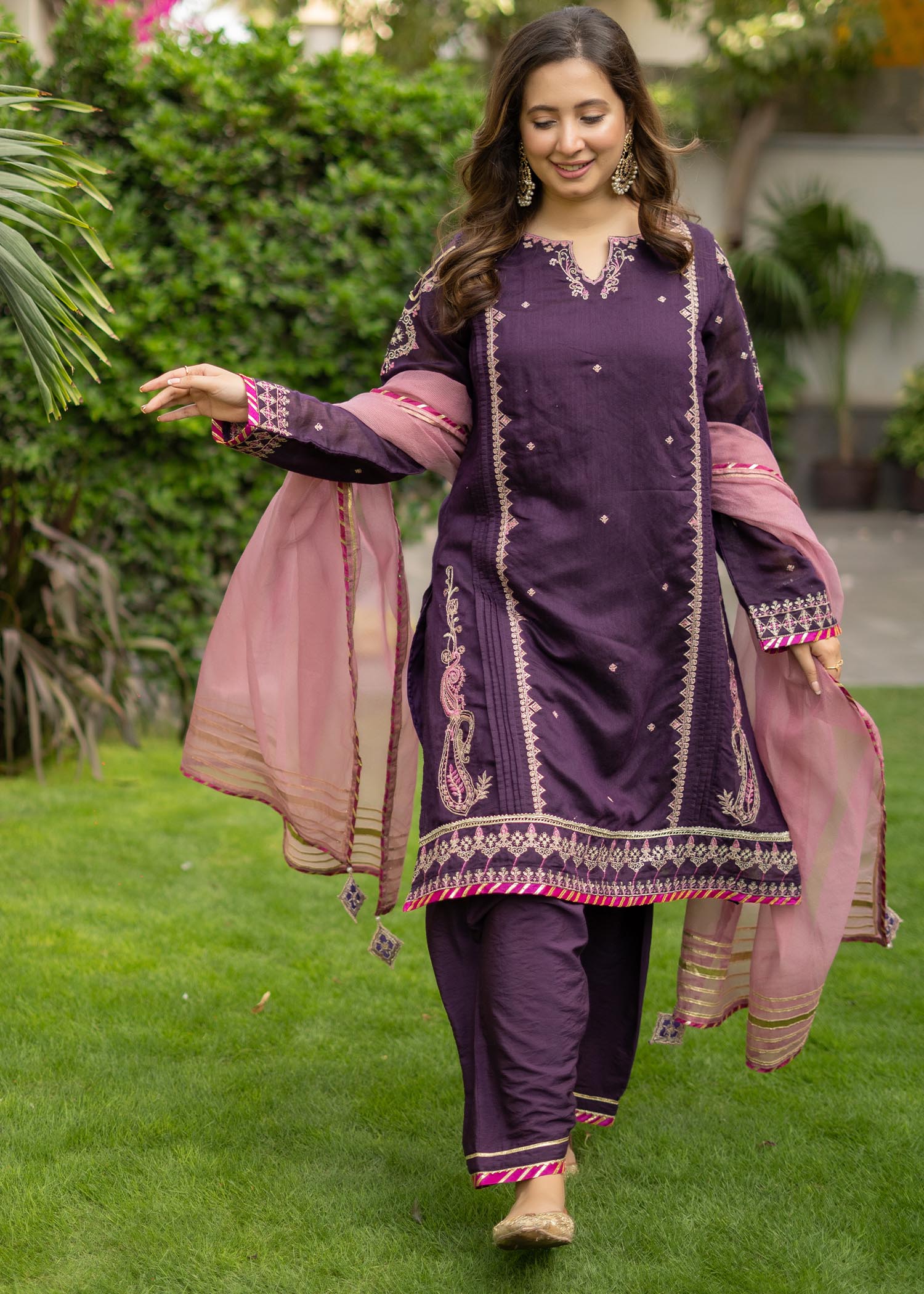 net Kurta Set in Purple