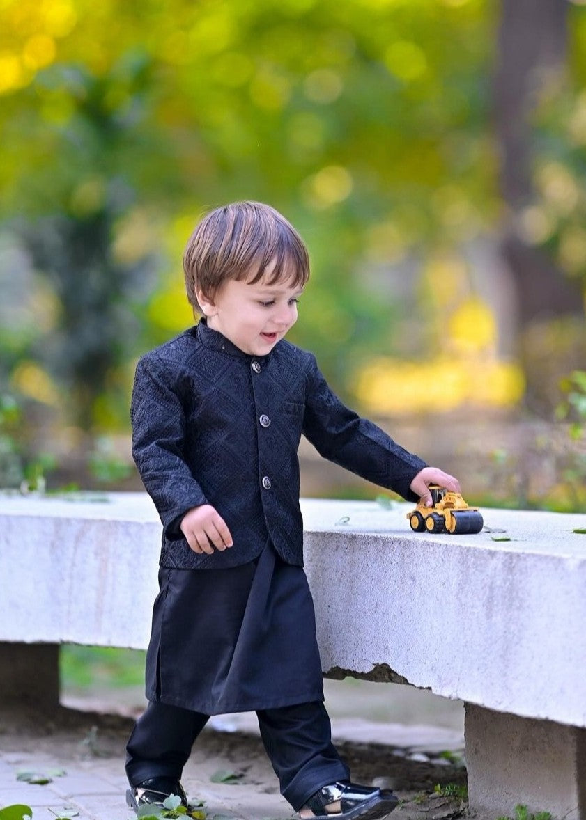 raw silk Prince Coat in Black
