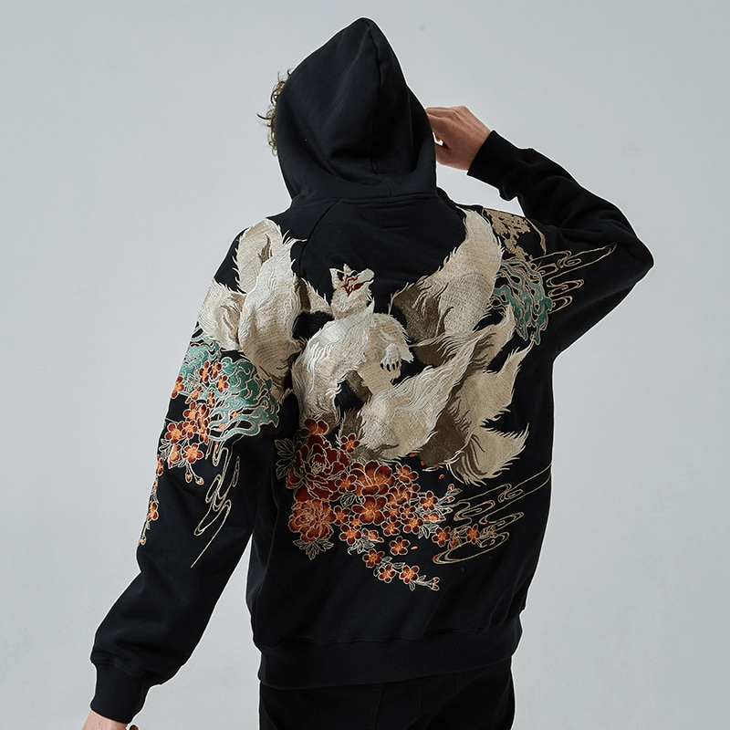 Men'S Hoodie Sweater Chinese Style Full Width Embroidery