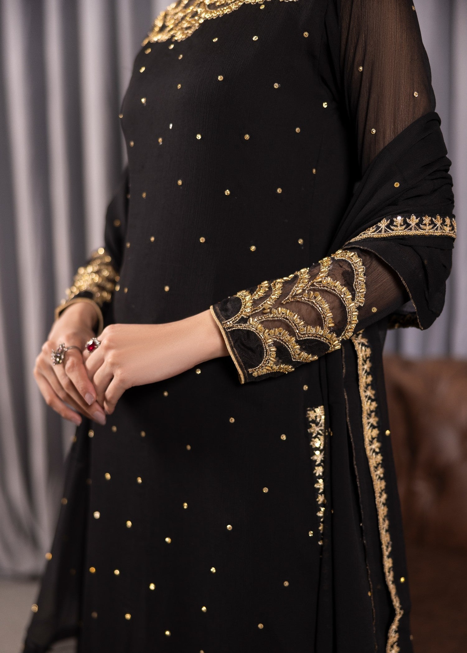 bemberg crinkle chiffon Kurta Set in Jet black
