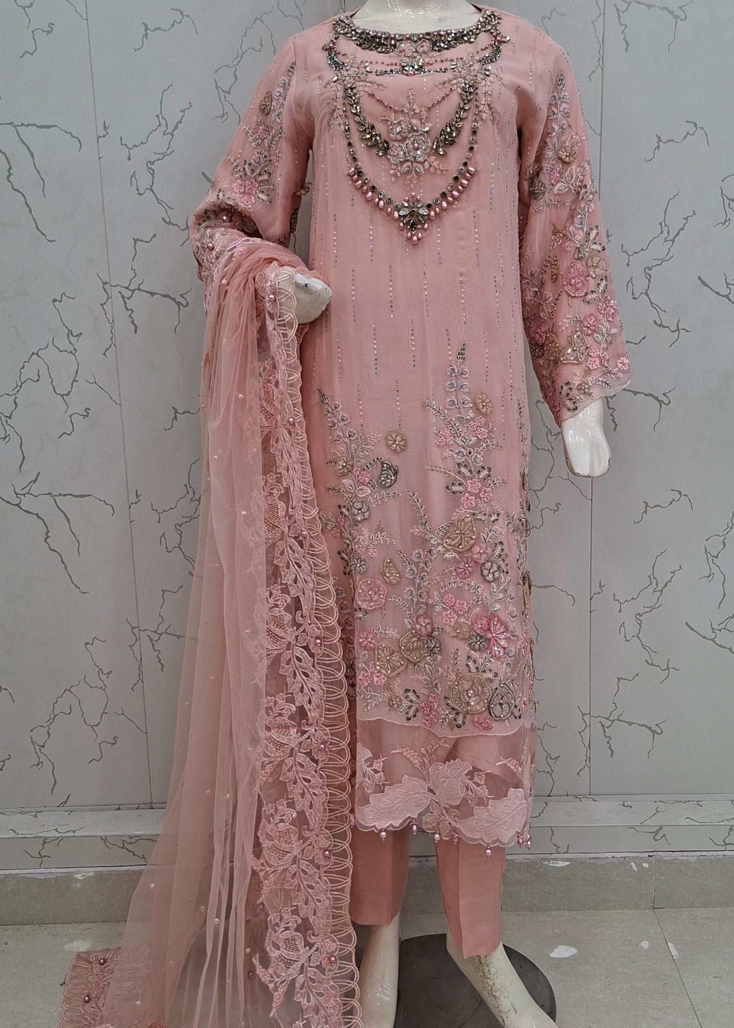 crinkle chiffon Kurta Set in Light pink