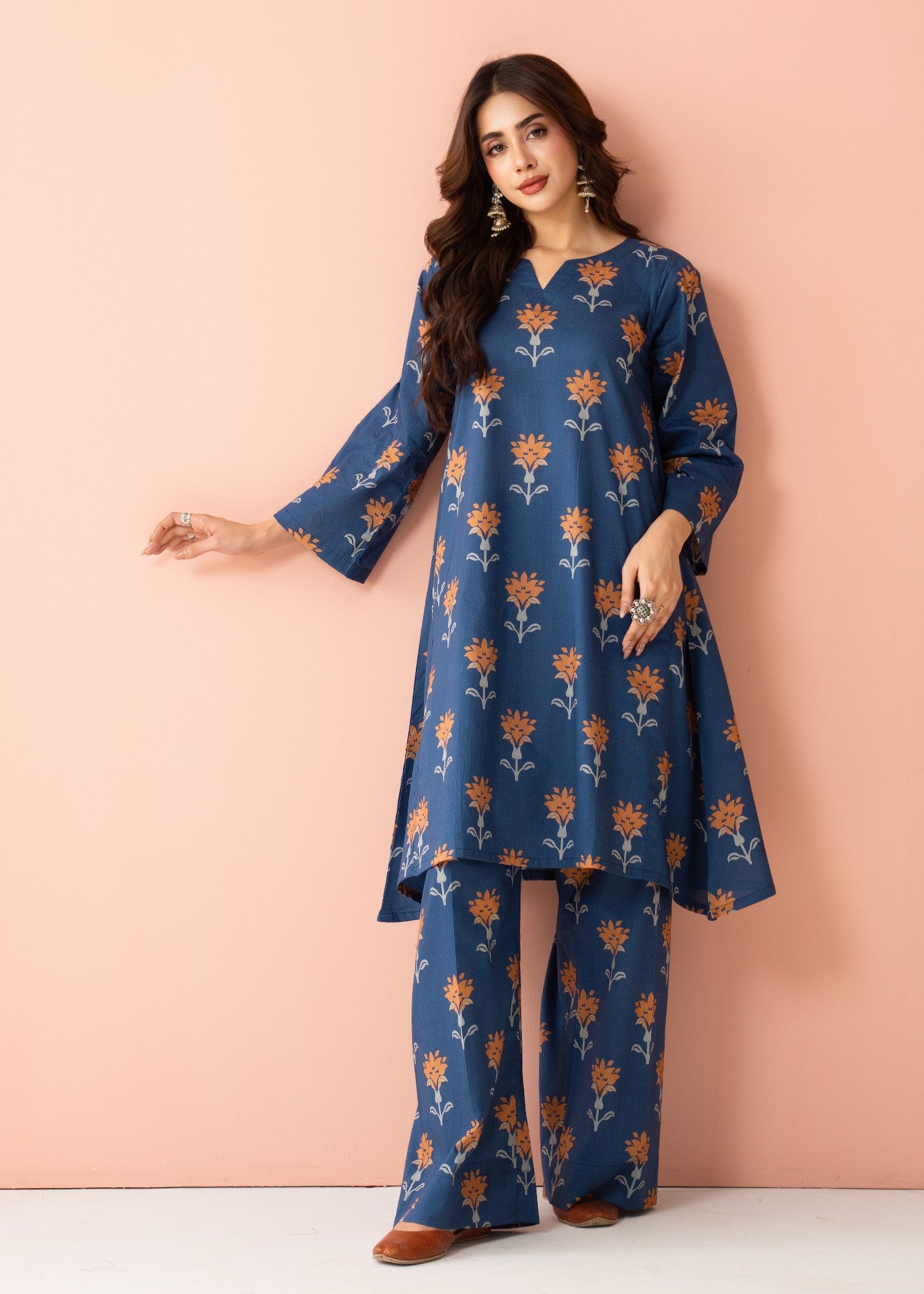 lawn cotton Short Frock in Navy blue