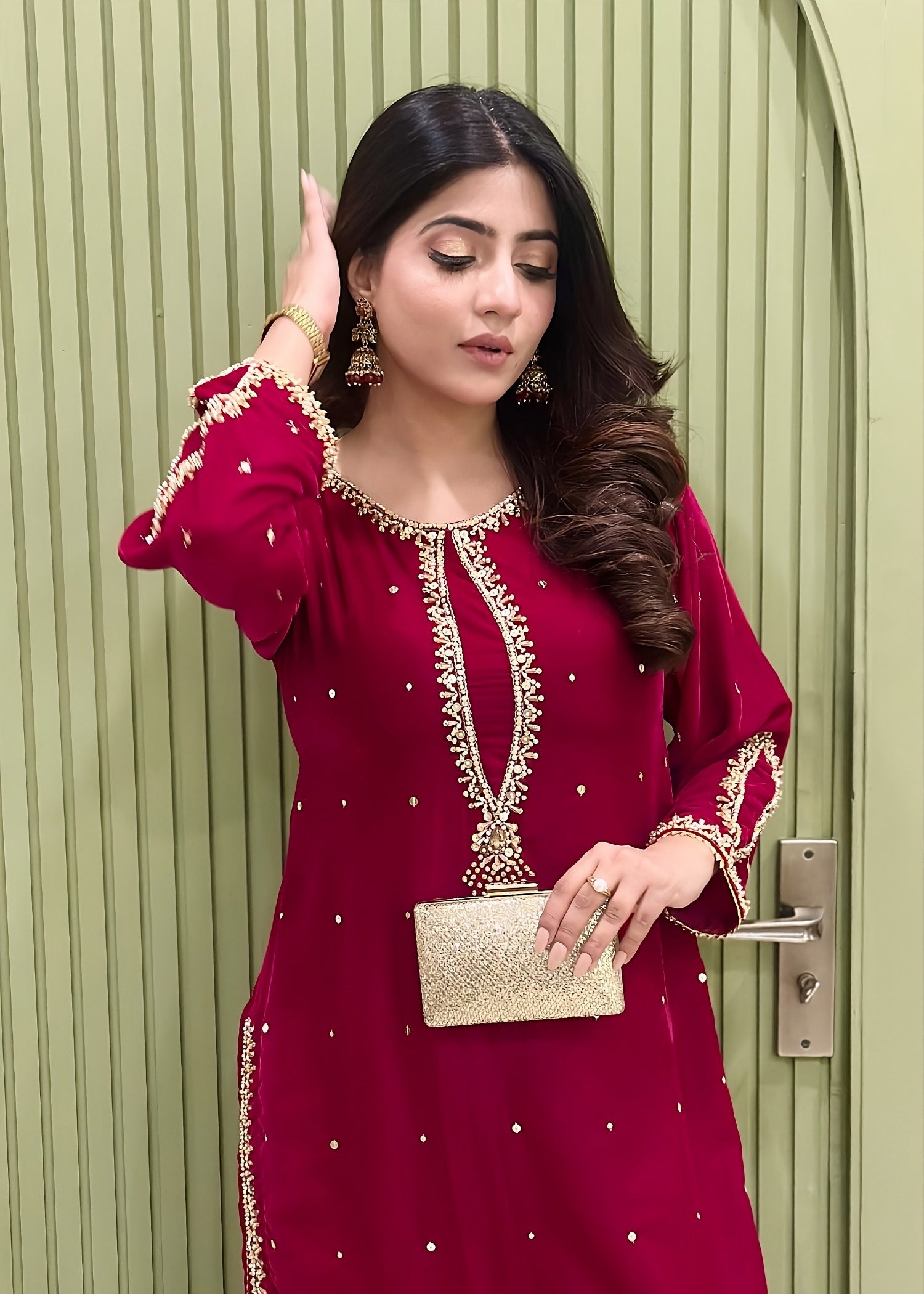 velvet Kurta Set in Raspberry pink