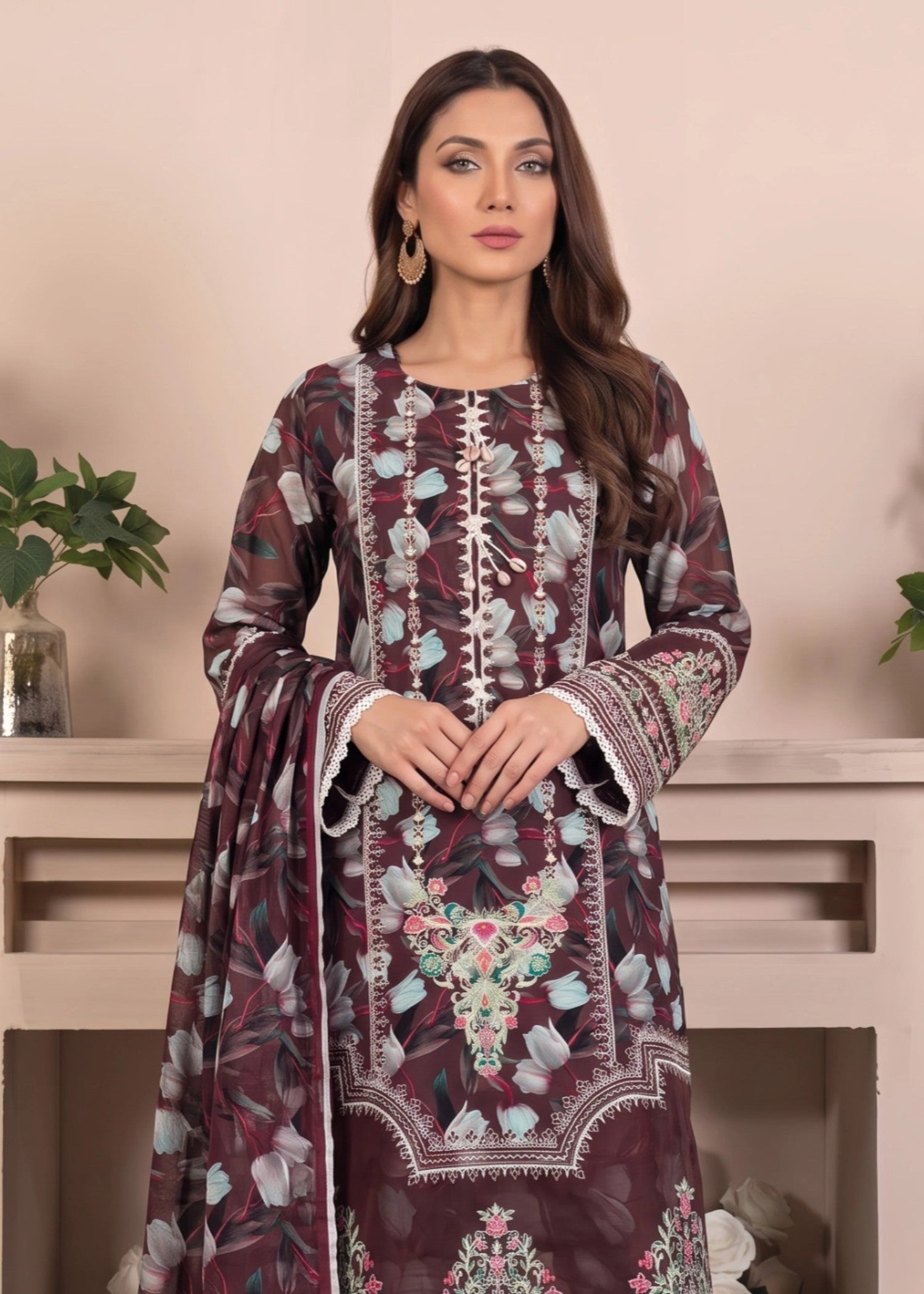 lawn cotton Kurta Set in Wine