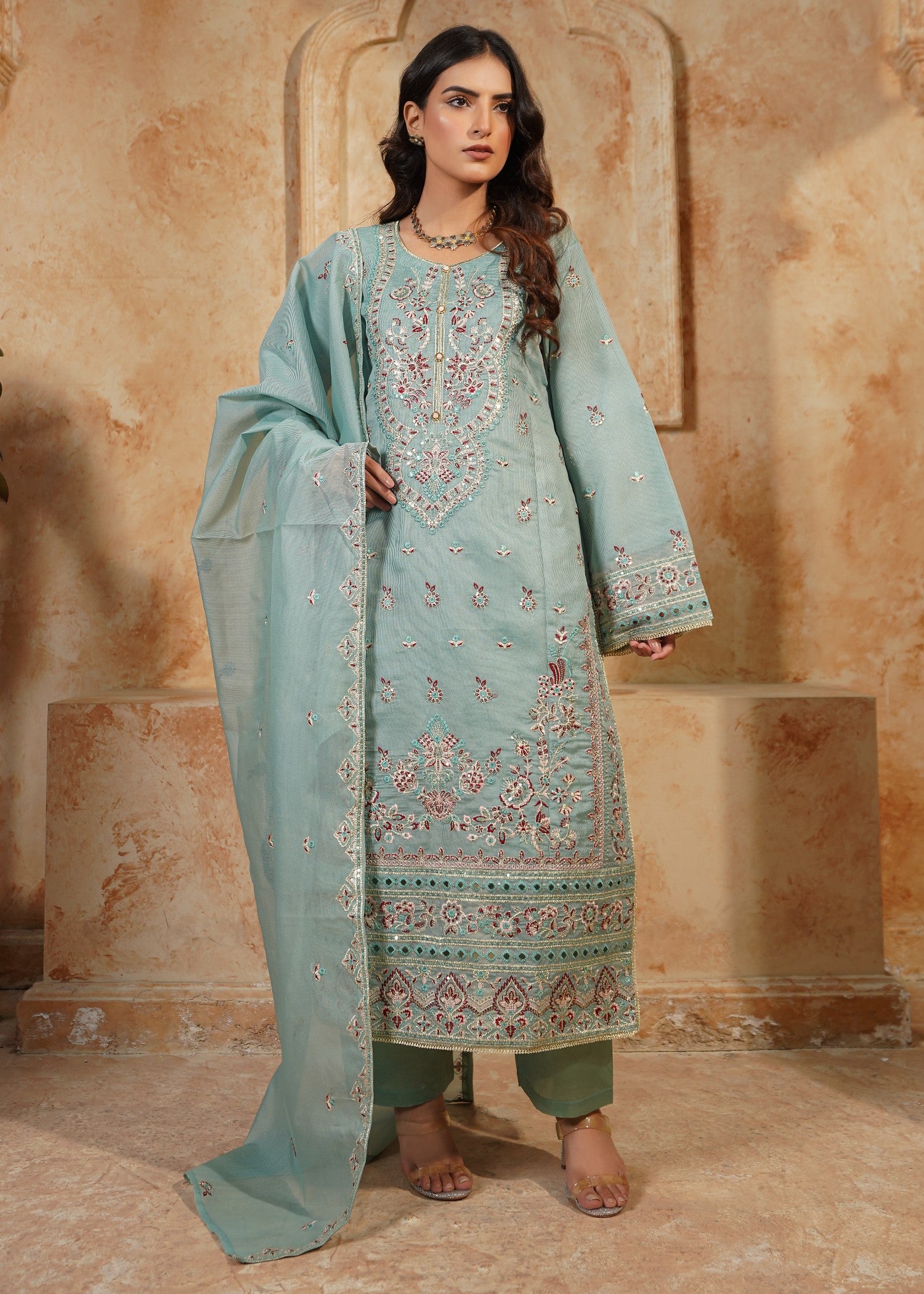 cotton net Kurta Set in Powder blue