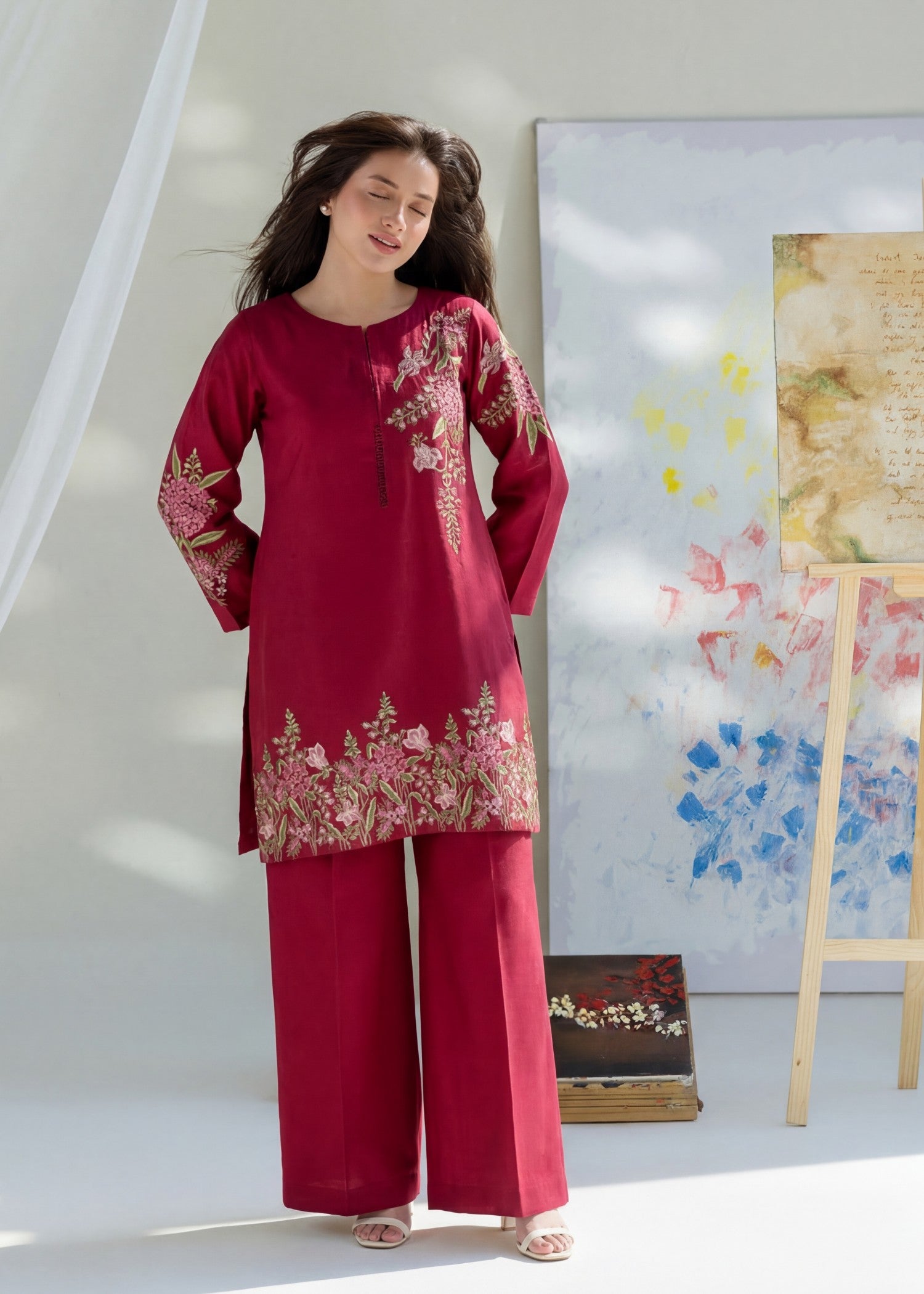 textured lawn Kurta Set in Crimson