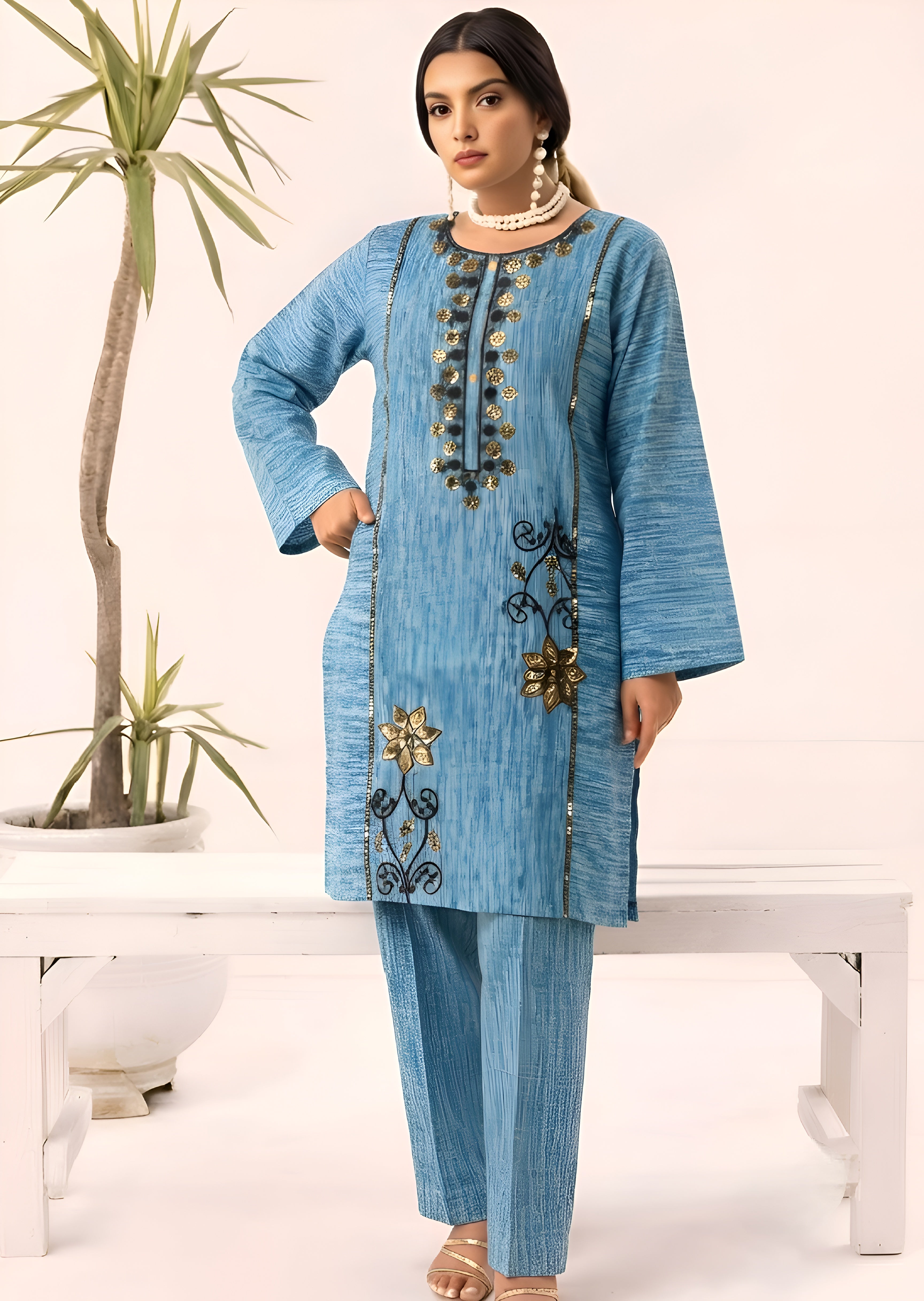 linen Kurta Set in Cornflower blue