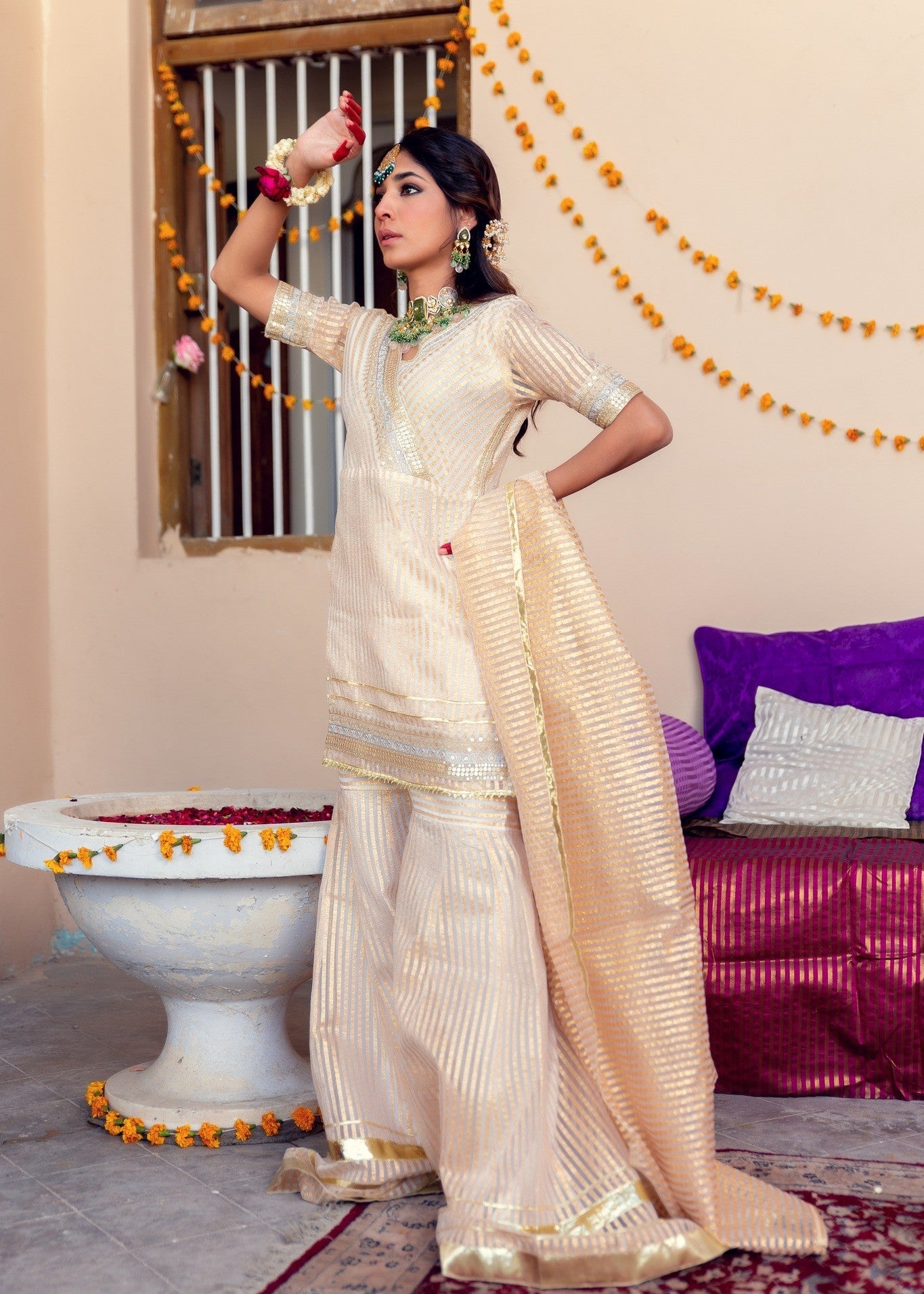 organza Gharara in Gold