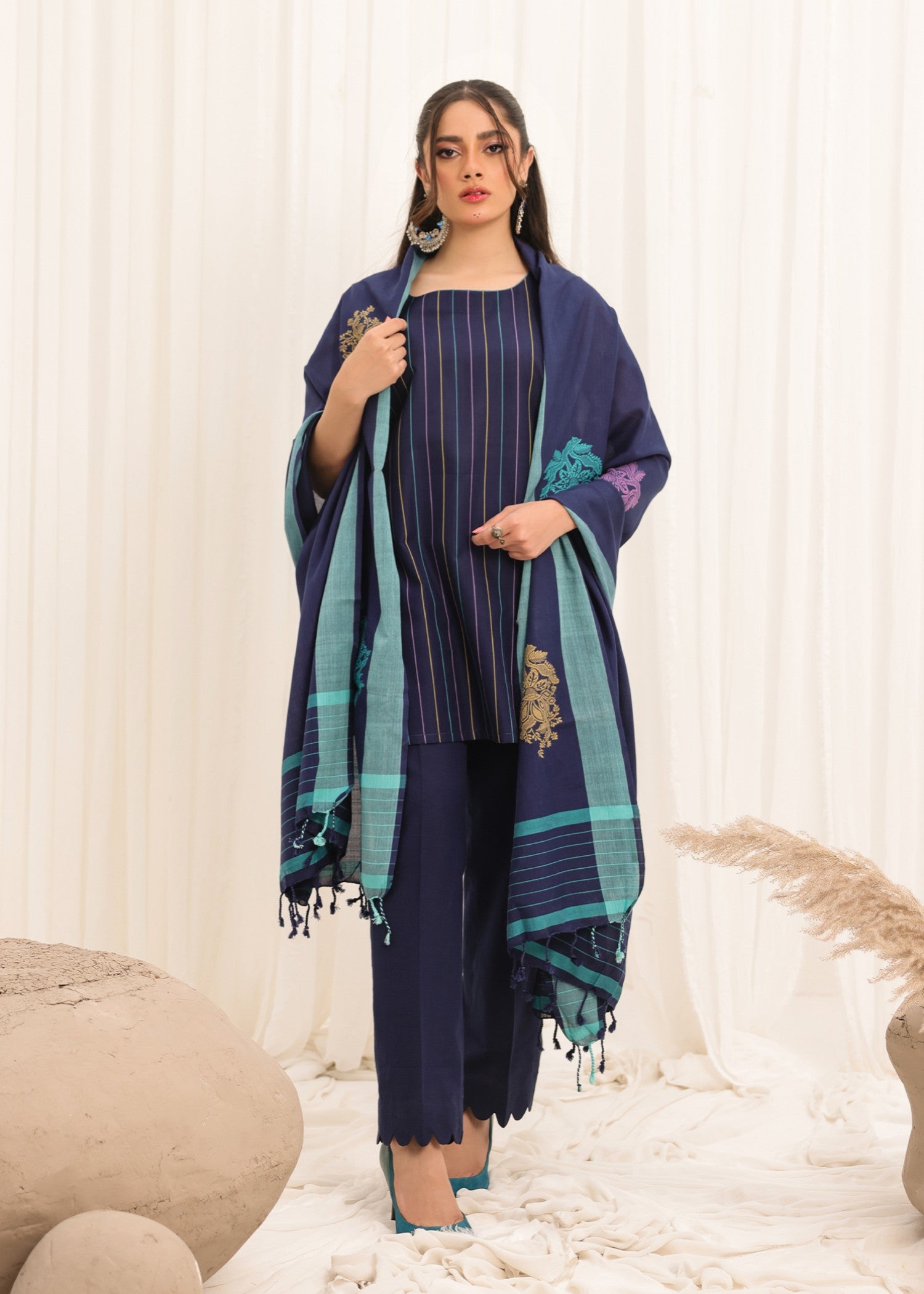 yarn dyed Unstitched in Navy blue