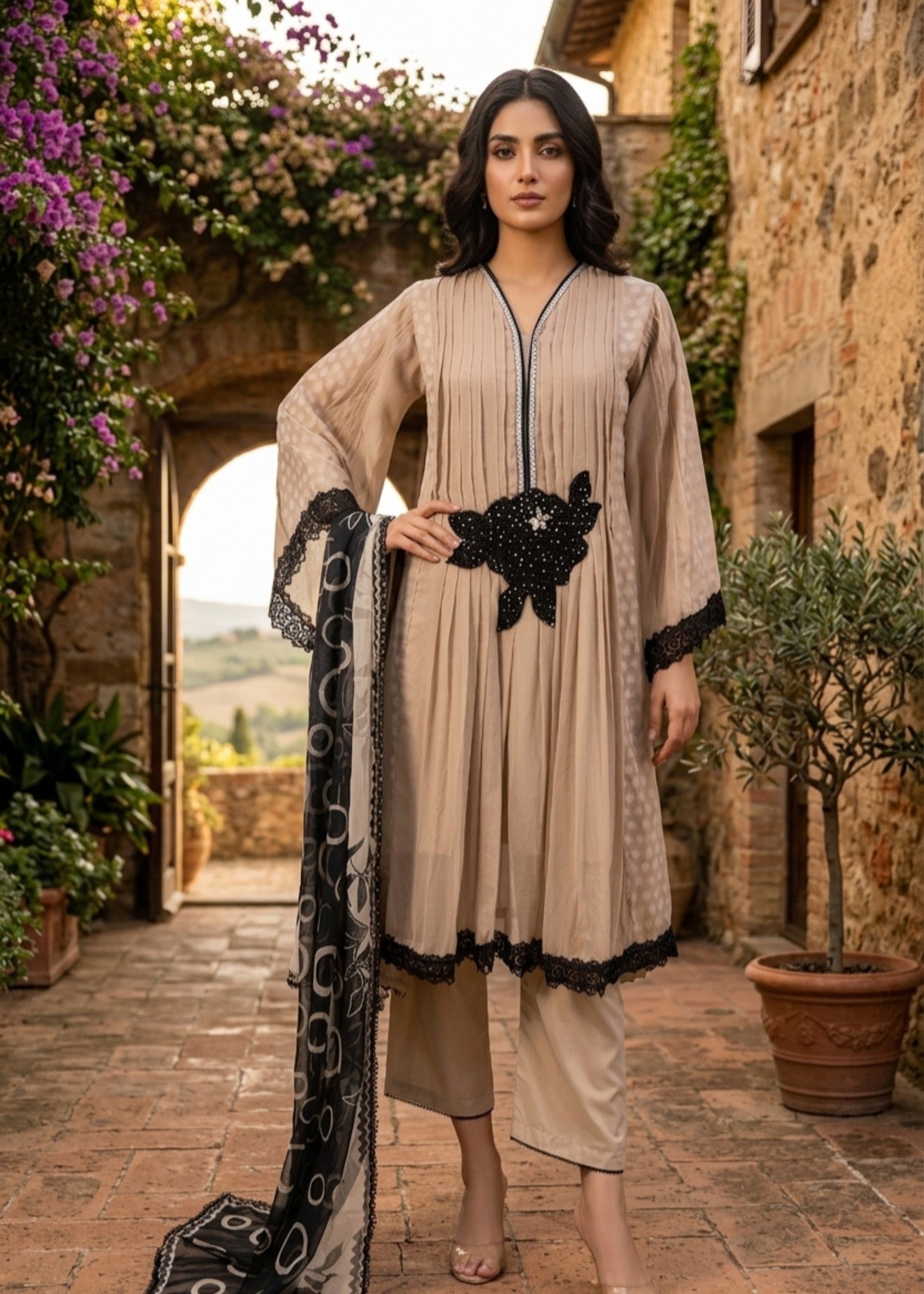 chiffon Short Frock in Camel brown