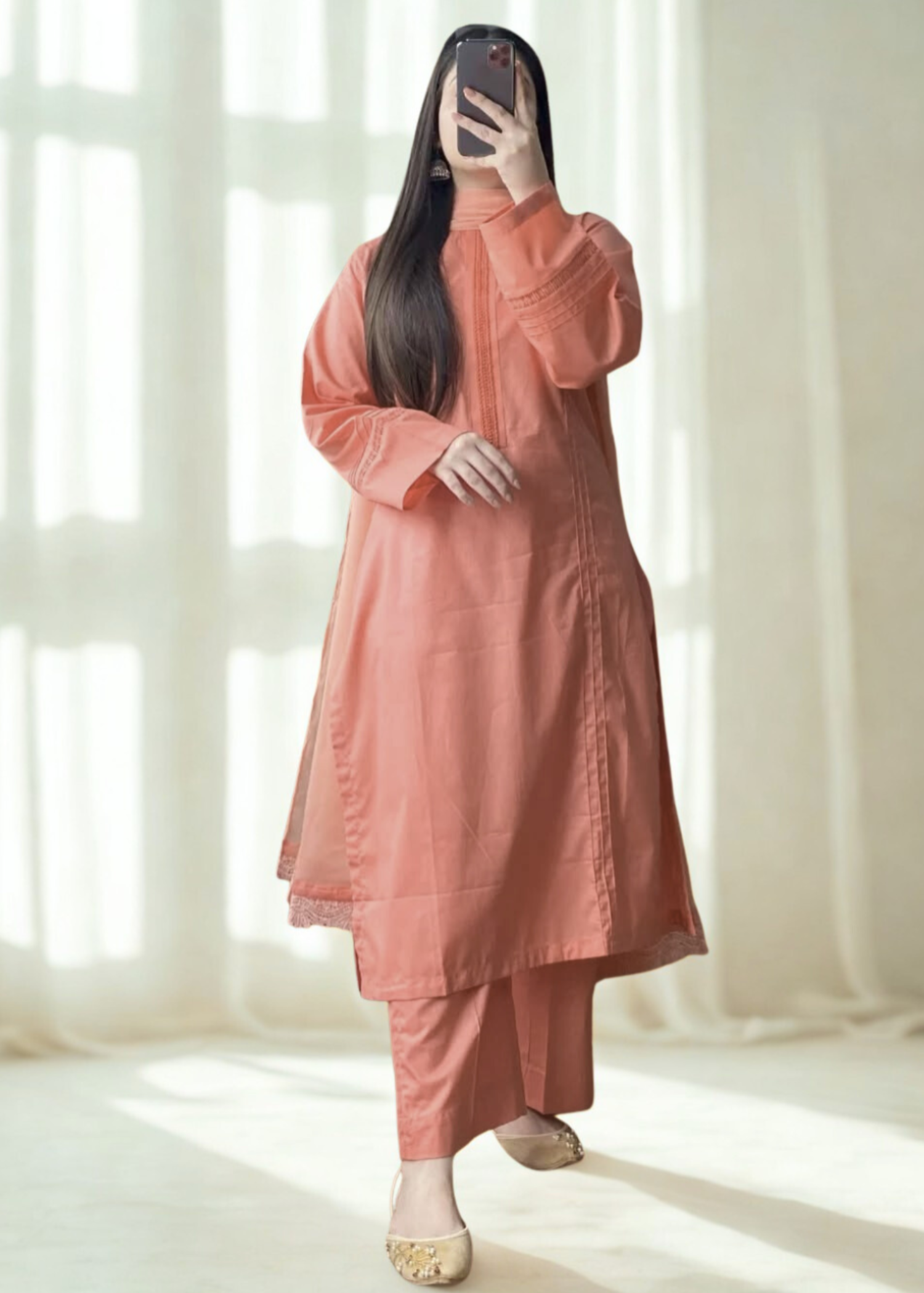 lawn cotton Kurta Set in Peach orange