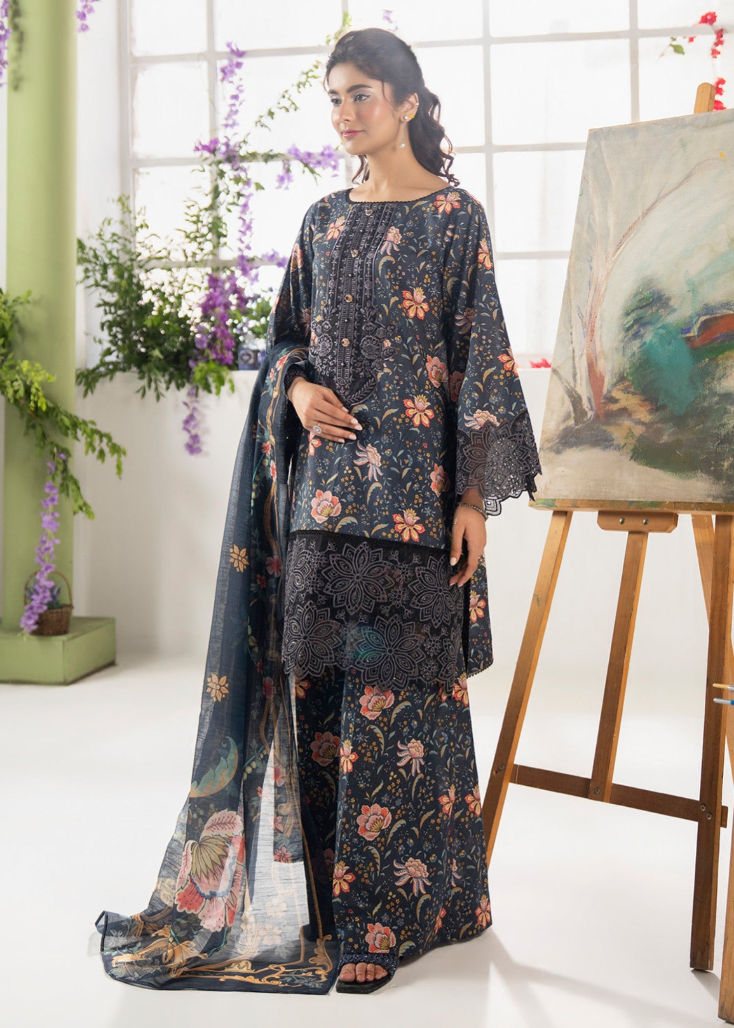 lawn cotton Kurta Set in Twilight blue