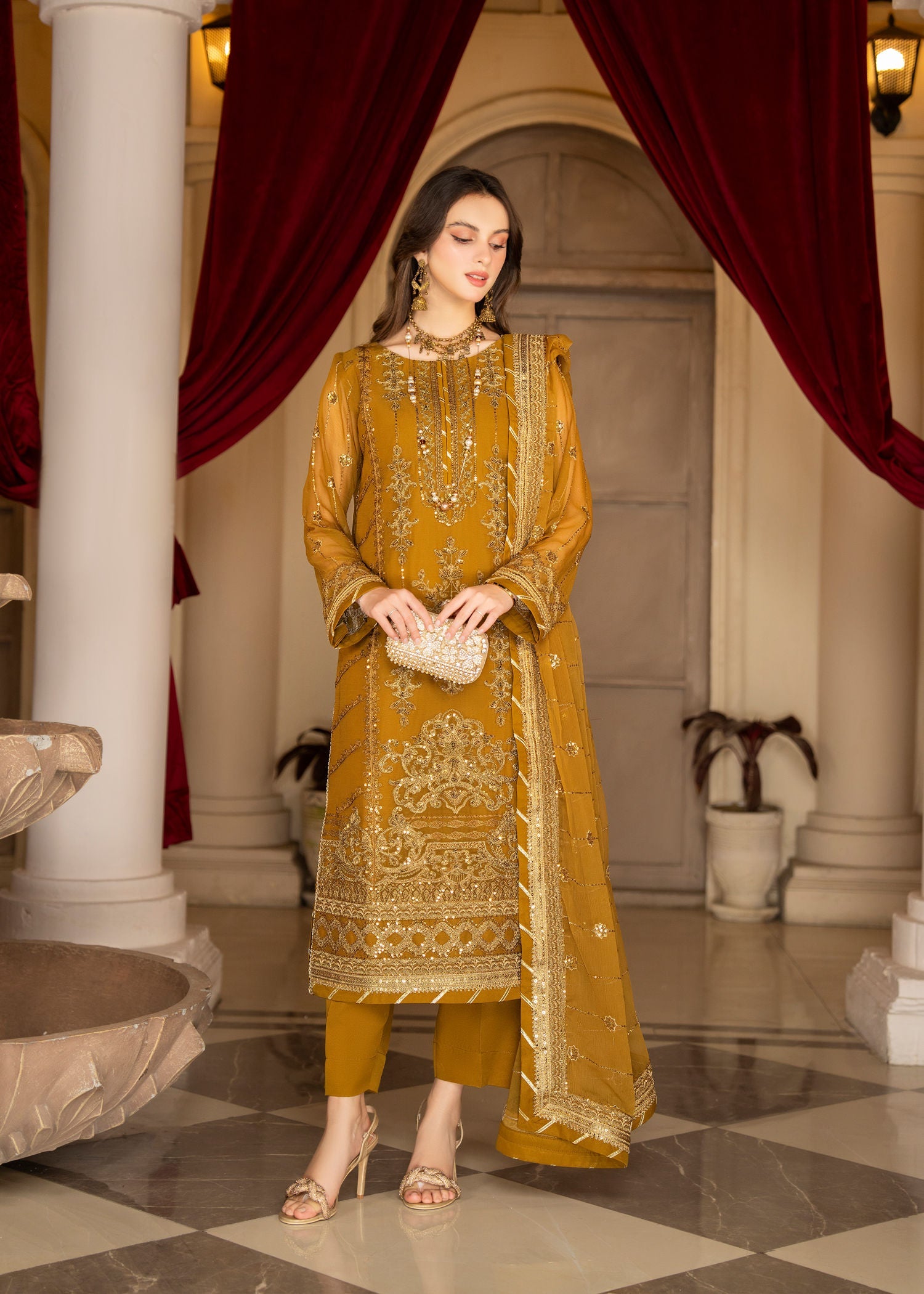 chiffon Kurta Set in Mustard