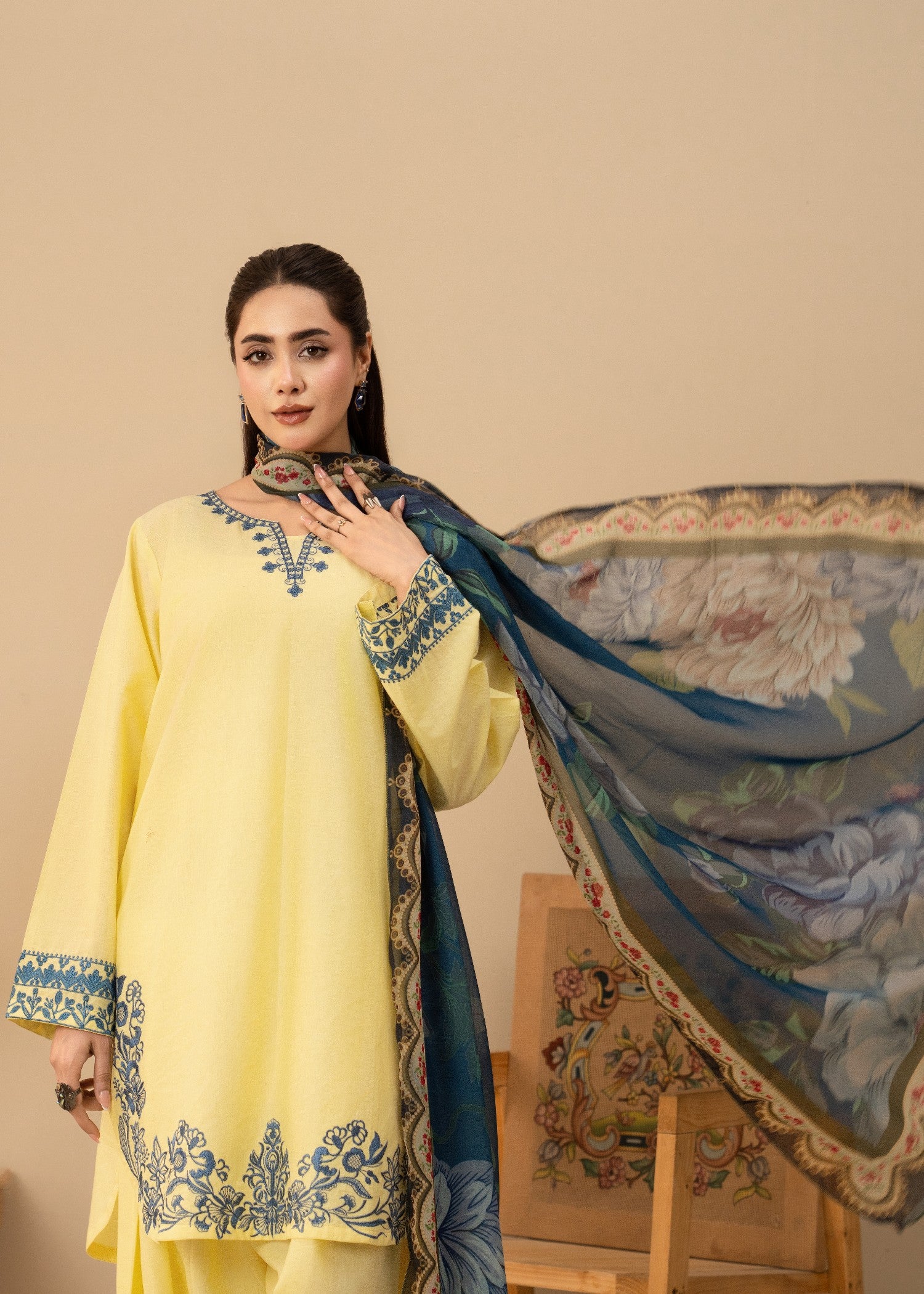 lawn cotton Kurta Set in Yellow, butter