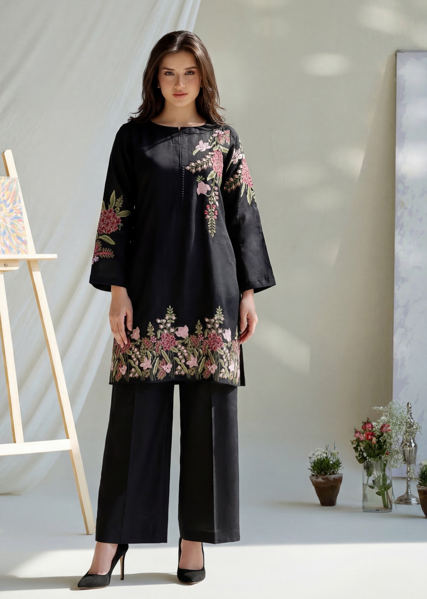 textured lawn Kurta Set in Black
