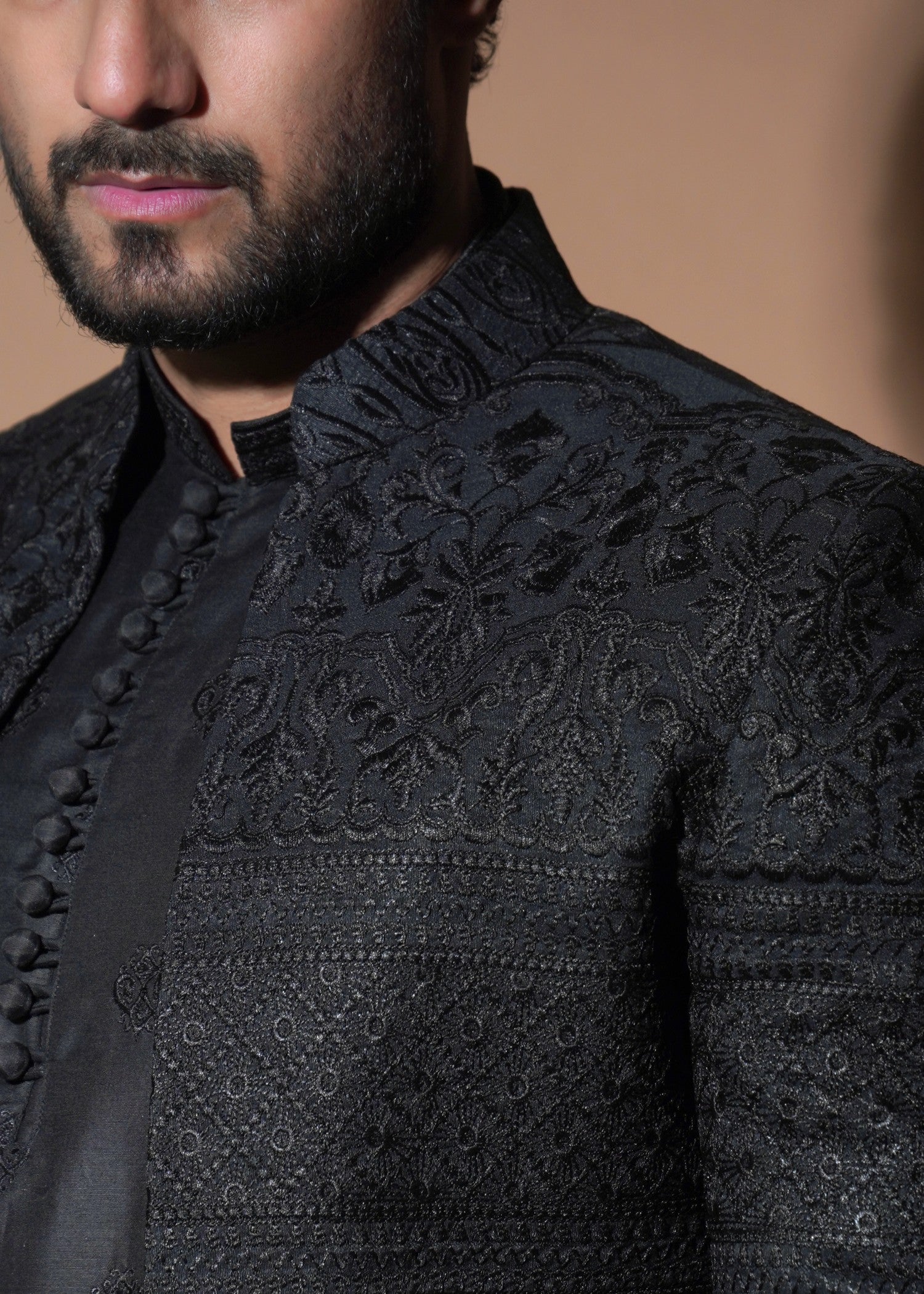 viscose raw silk Prince Coat in Black