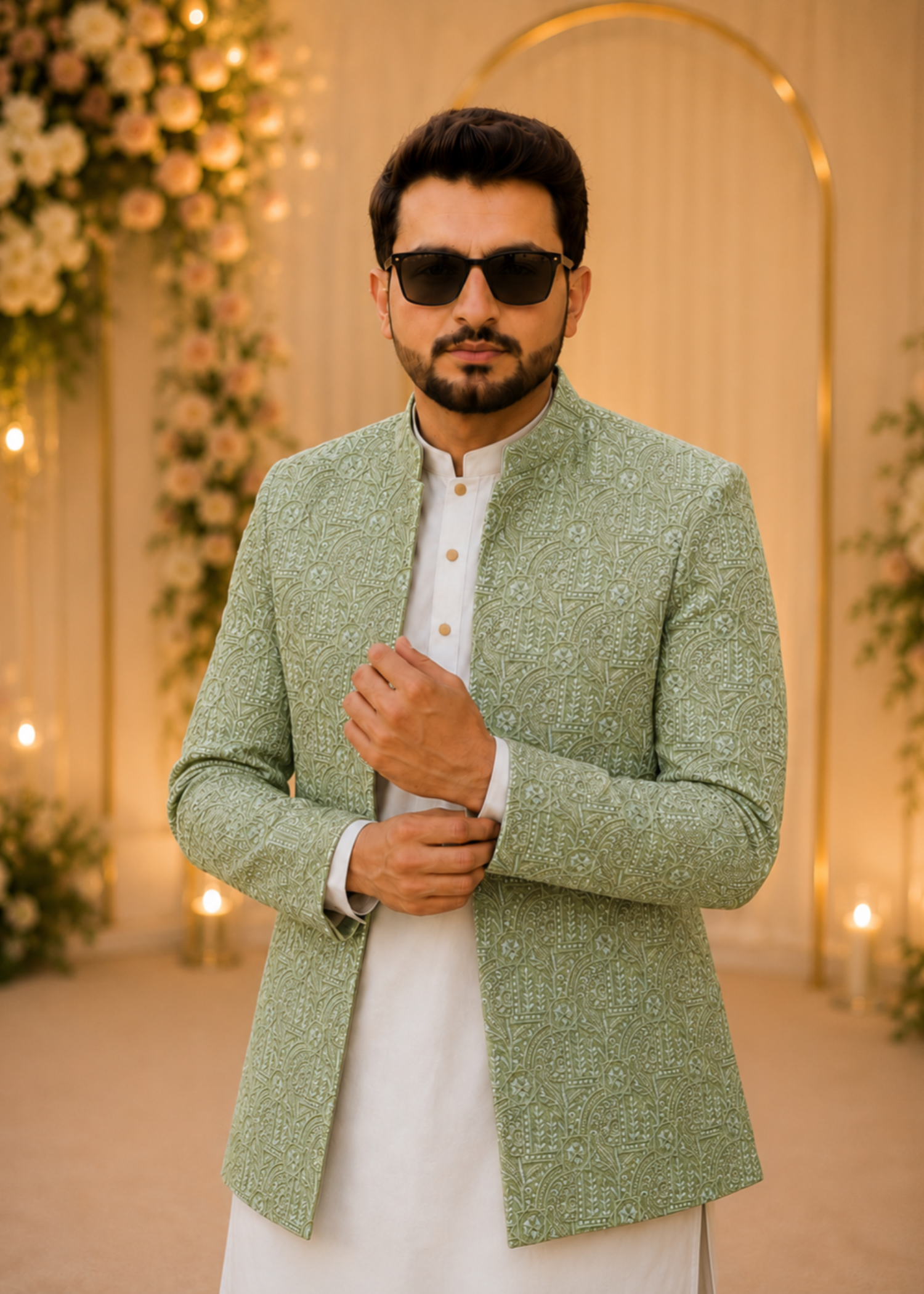 jamawar Prince Coat in Mint green