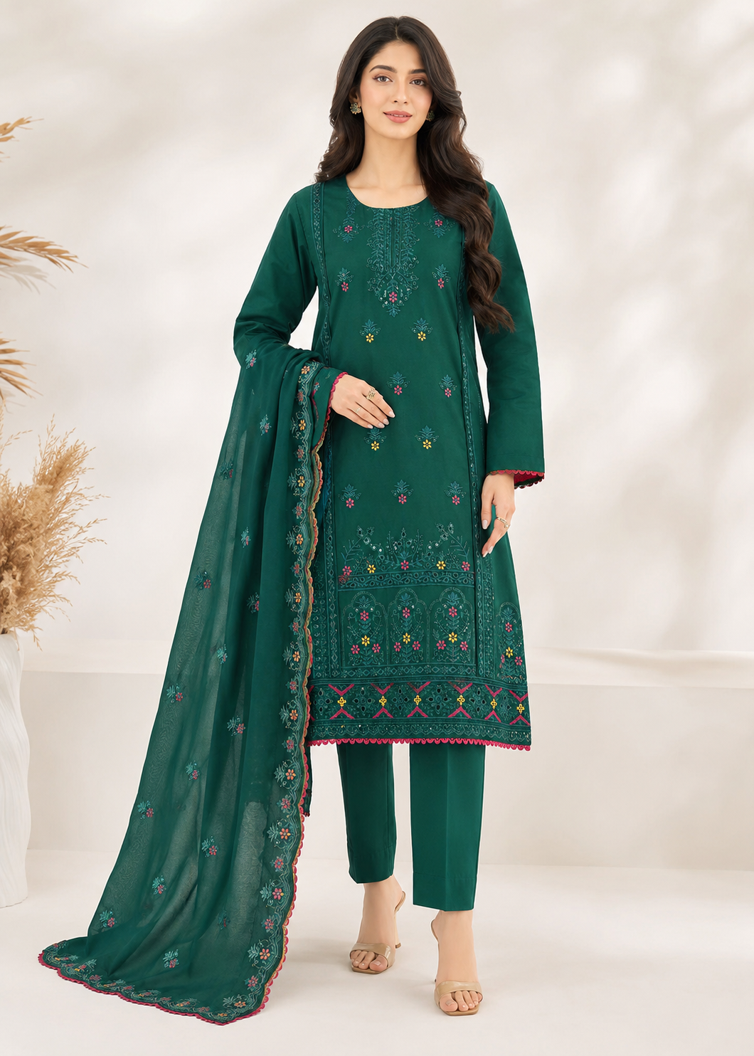 cotton Kurta Set in Forest green