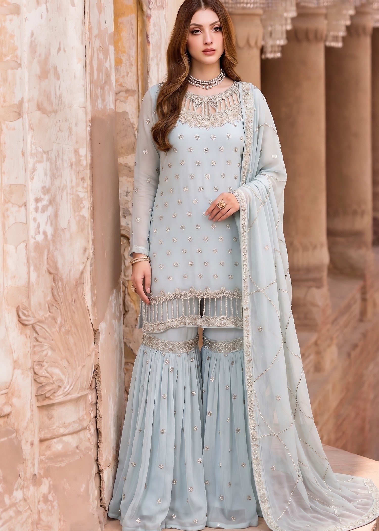bemberg crinkle chiffon Gharara in Light blue