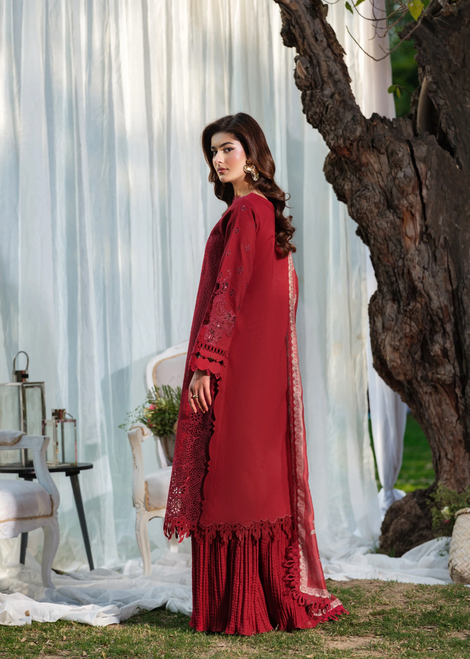 lawn Kurta Set in Persian red